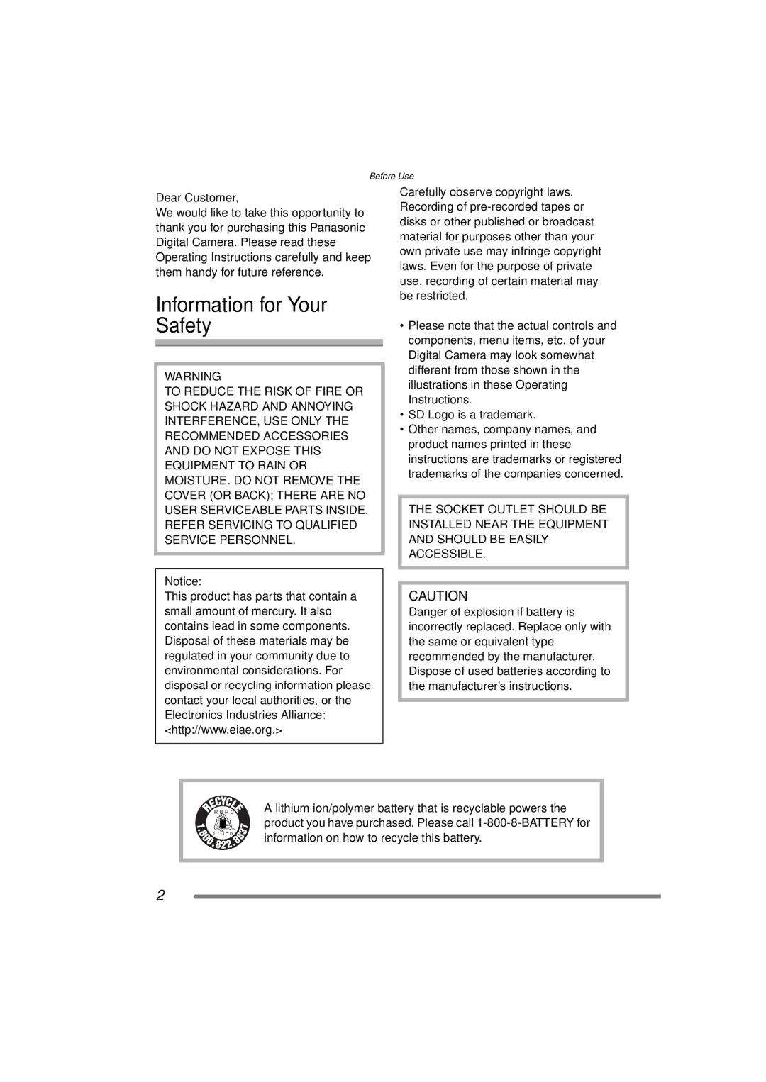 Panasonic DMC-FZ20PP operating instructions Information for Your Safety, Dear Customer 