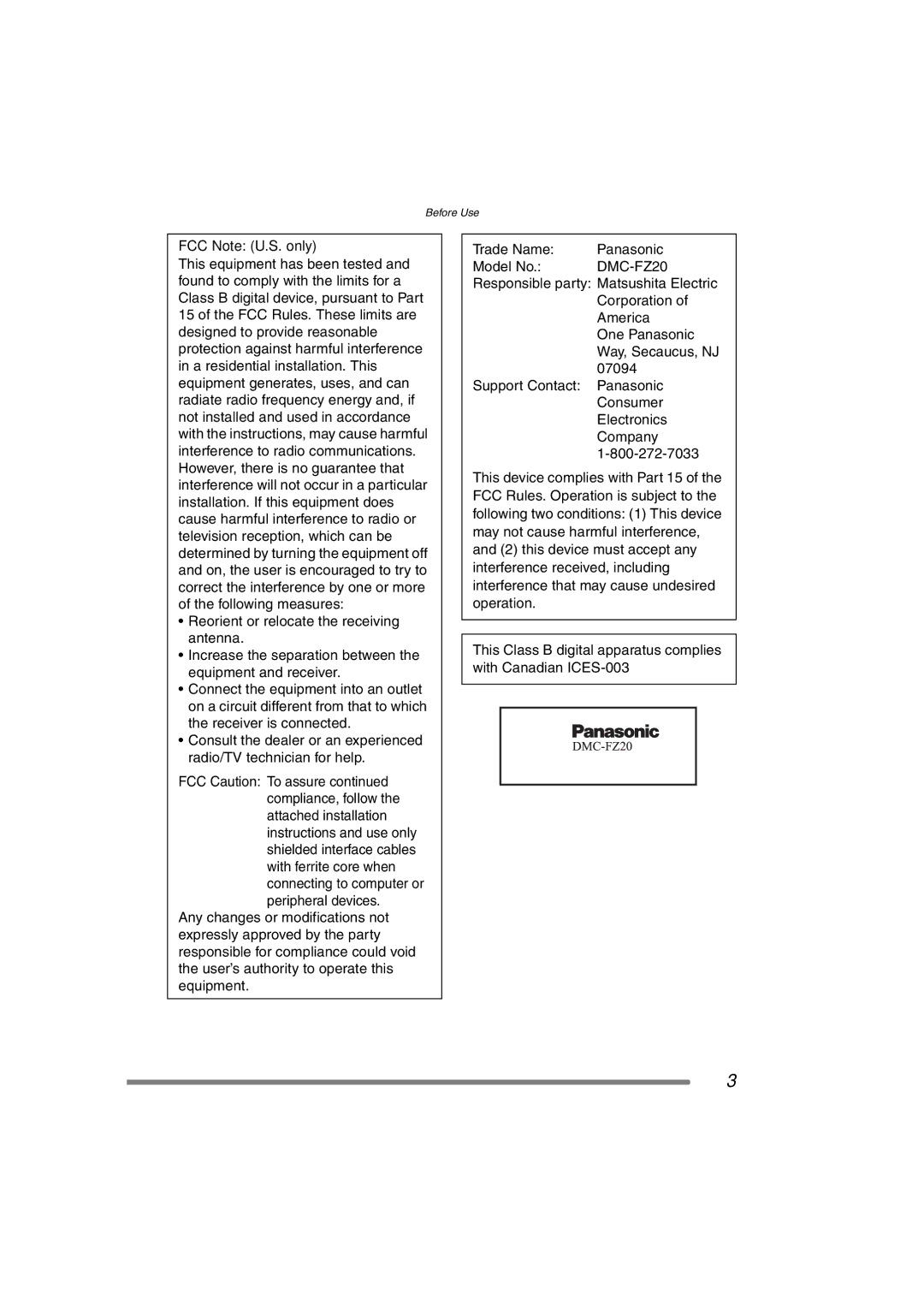 Panasonic DMC-FZ20PP operating instructions FCC Note U.S. only 