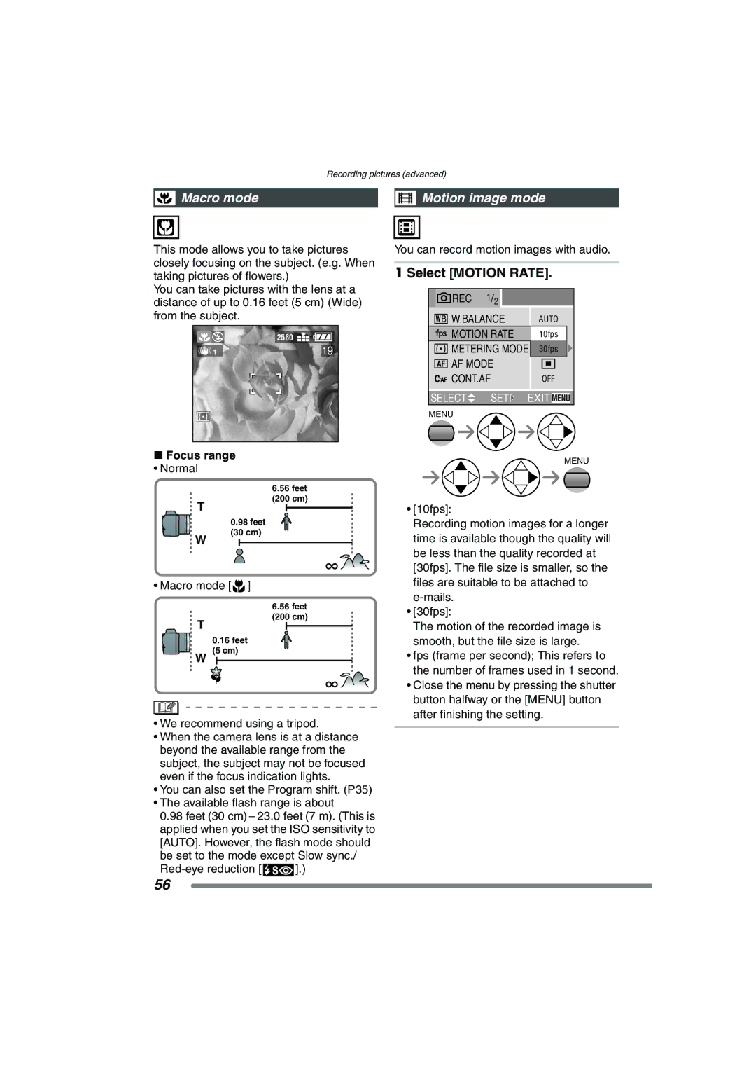 Panasonic DMC-FZ20PP operating instructions Macro mode Motion image mode, Select Motion Rate, Focus range 