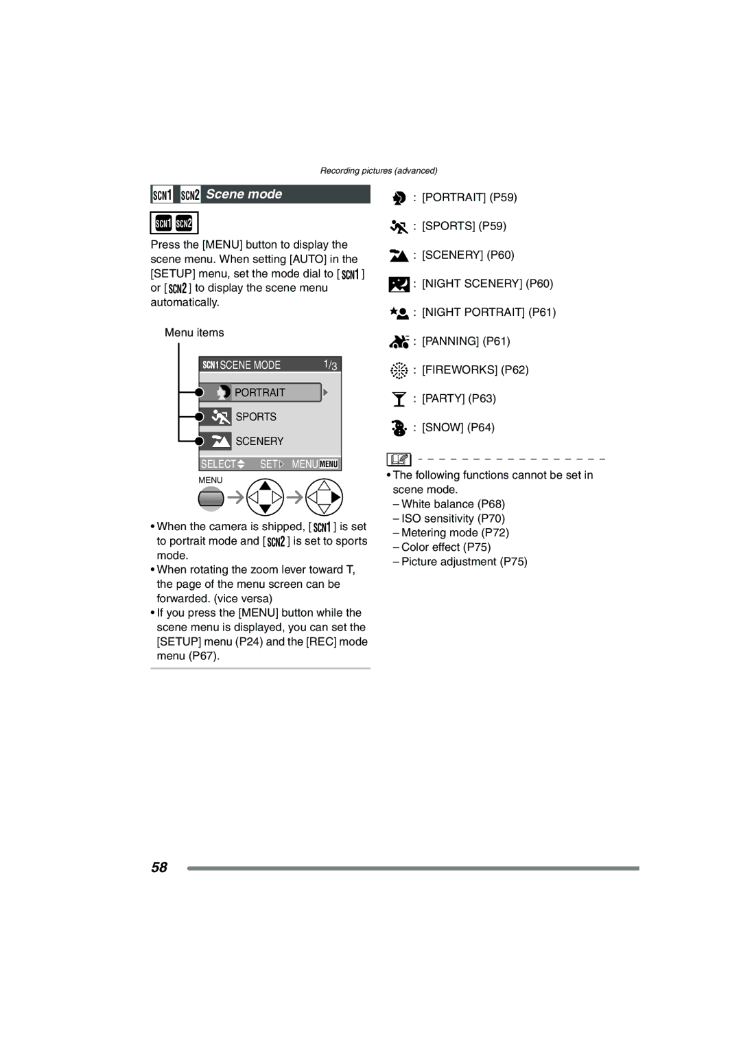 Panasonic DMC-FZ20PP operating instructions SCN1 SCN2 Scene mode, Night Scenery P60 Night Portrait P61 