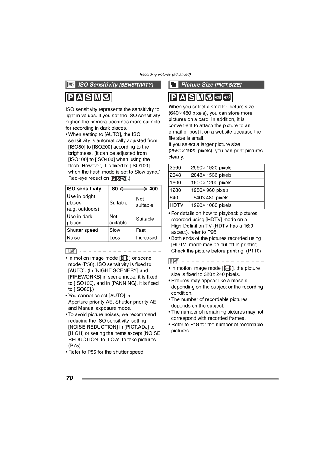 Panasonic DMC-FZ20PP operating instructions ISO Sensitivity Sensitivity, Picture Size PICT.SIZE, ISO sensitivity 400, Hdtv 