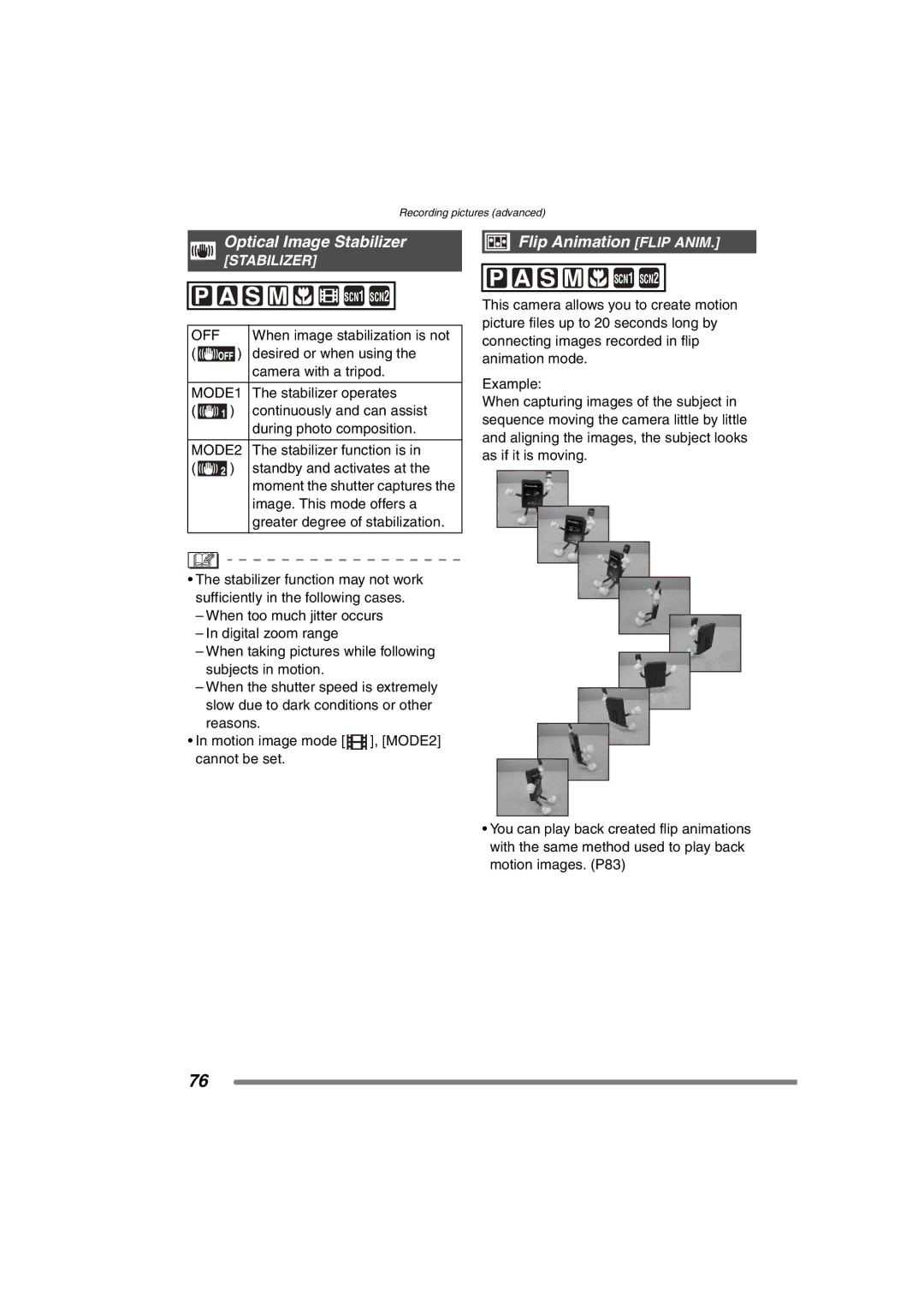 Panasonic DMC-FZ20PP operating instructions Optical Image Stabilizer, Flip Animation Flip Anim, MODE1, MODE2 