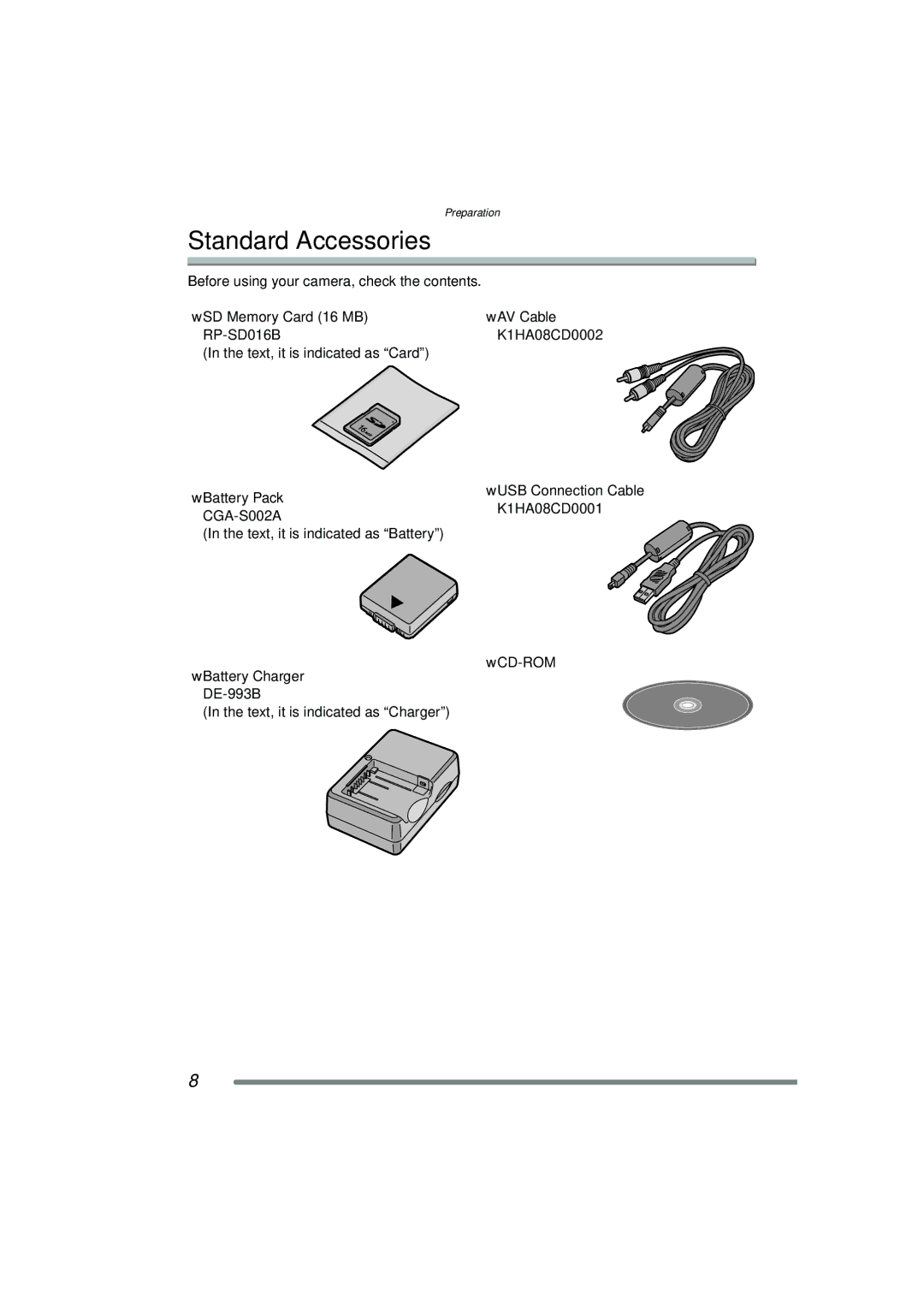 Panasonic DMC-FZ20PP operating instructions Standard Accessories, SD Memory Card 16 MB RP-SD016B, Battery Pack CGA-S002A 