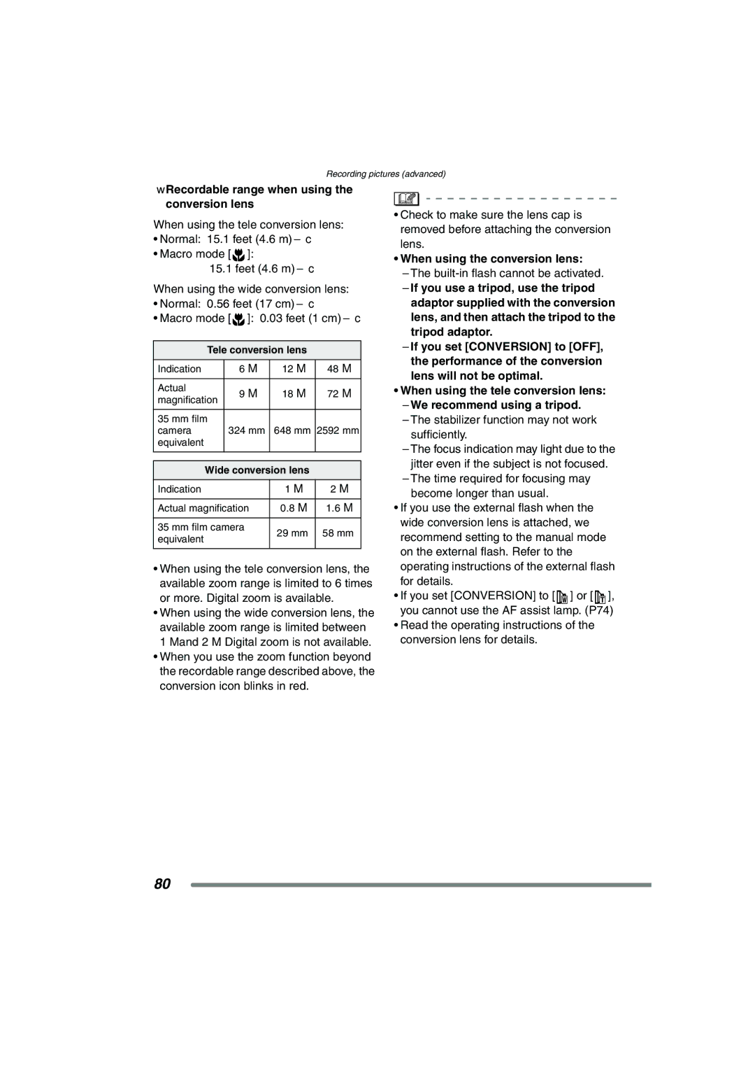 Panasonic DMC-FZ20PP operating instructions Recordable range when using the conversion lens, When using the conversion lens 