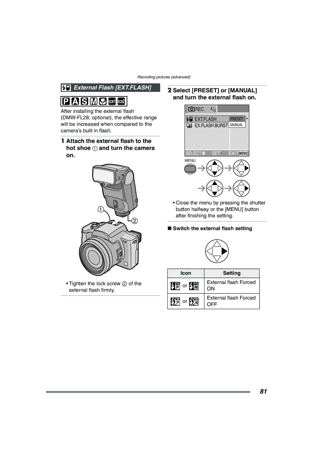 Panasonic DMC-FZ20PP operating instructions External Flash EXT.FLASH, Switch the external flash setting Icon Setting 