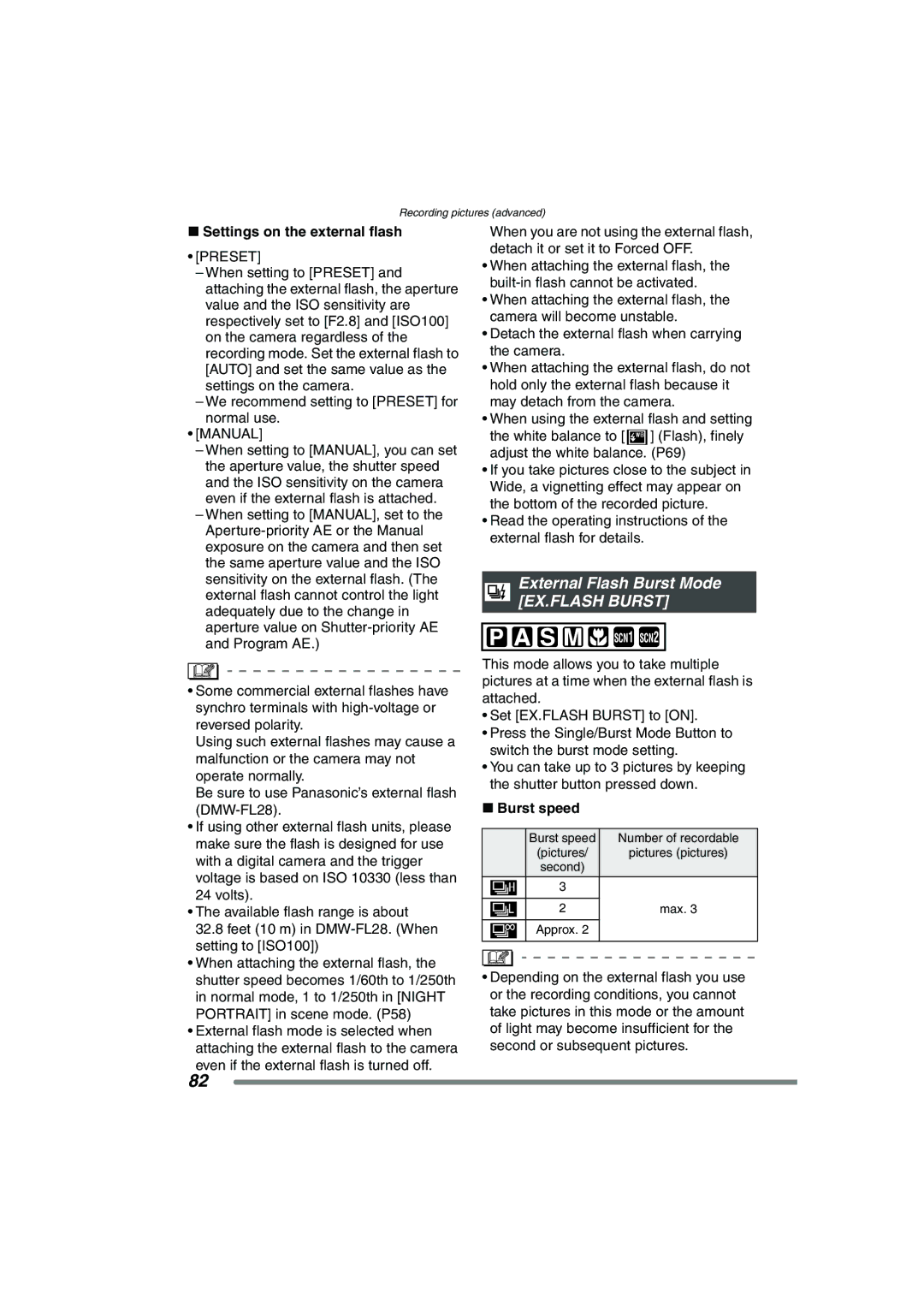 Panasonic DMC-FZ20PP External Flash Burst Mode EX.FLASH Burst, Settings on the external flash, Preset, Manual, Burst speed 
