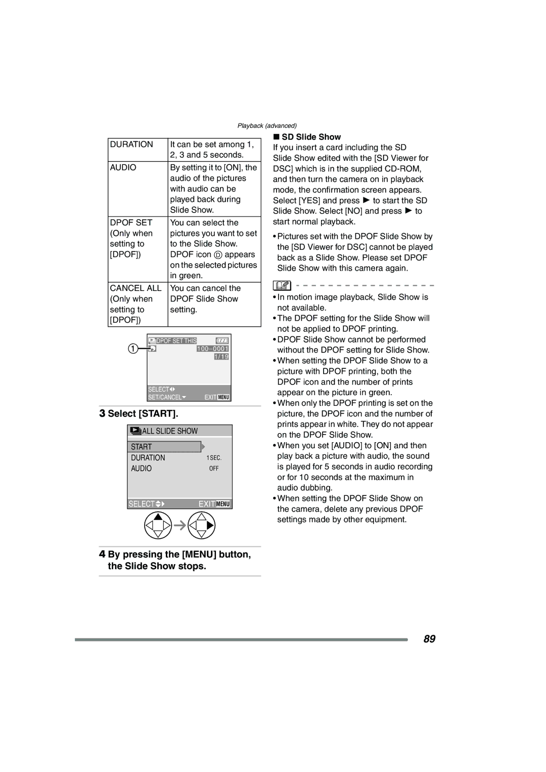 Panasonic DMC-FZ20PP operating instructions Select Start, By pressing the Menu button, the Slide Show stops, SD Slide Show 