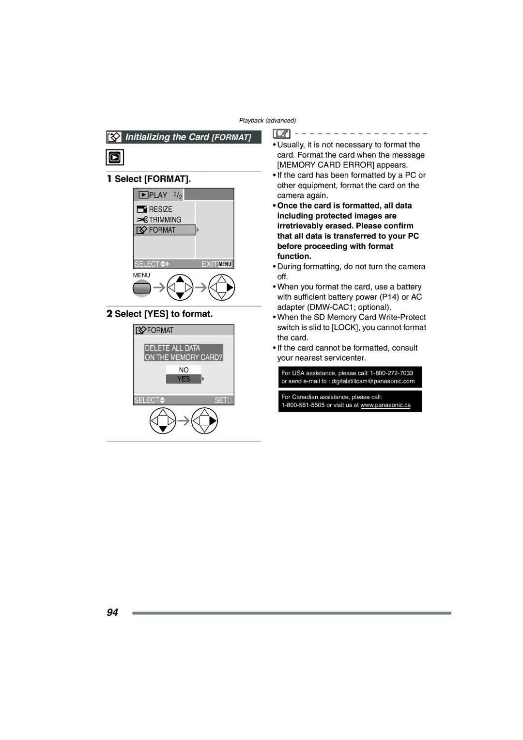 Panasonic DMC-FZ20PP operating instructions Initializing the Card Format, Select Format, Select YES to format 