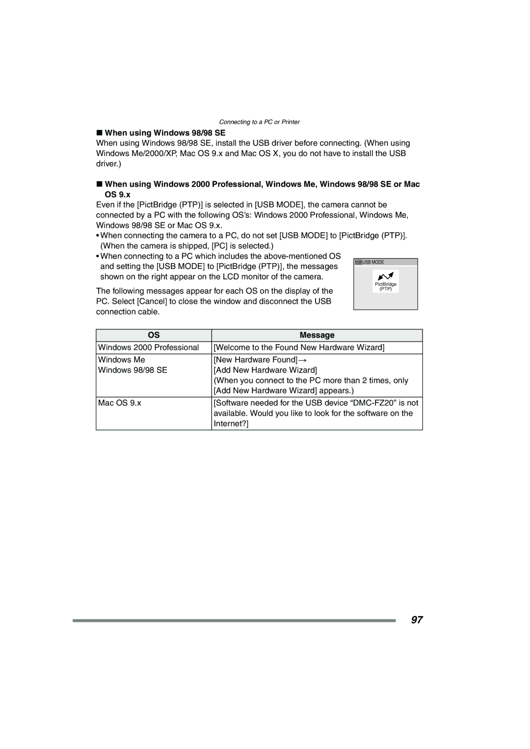 Panasonic DMC-FZ20PP operating instructions When using Windows 98/98 SE, Message 