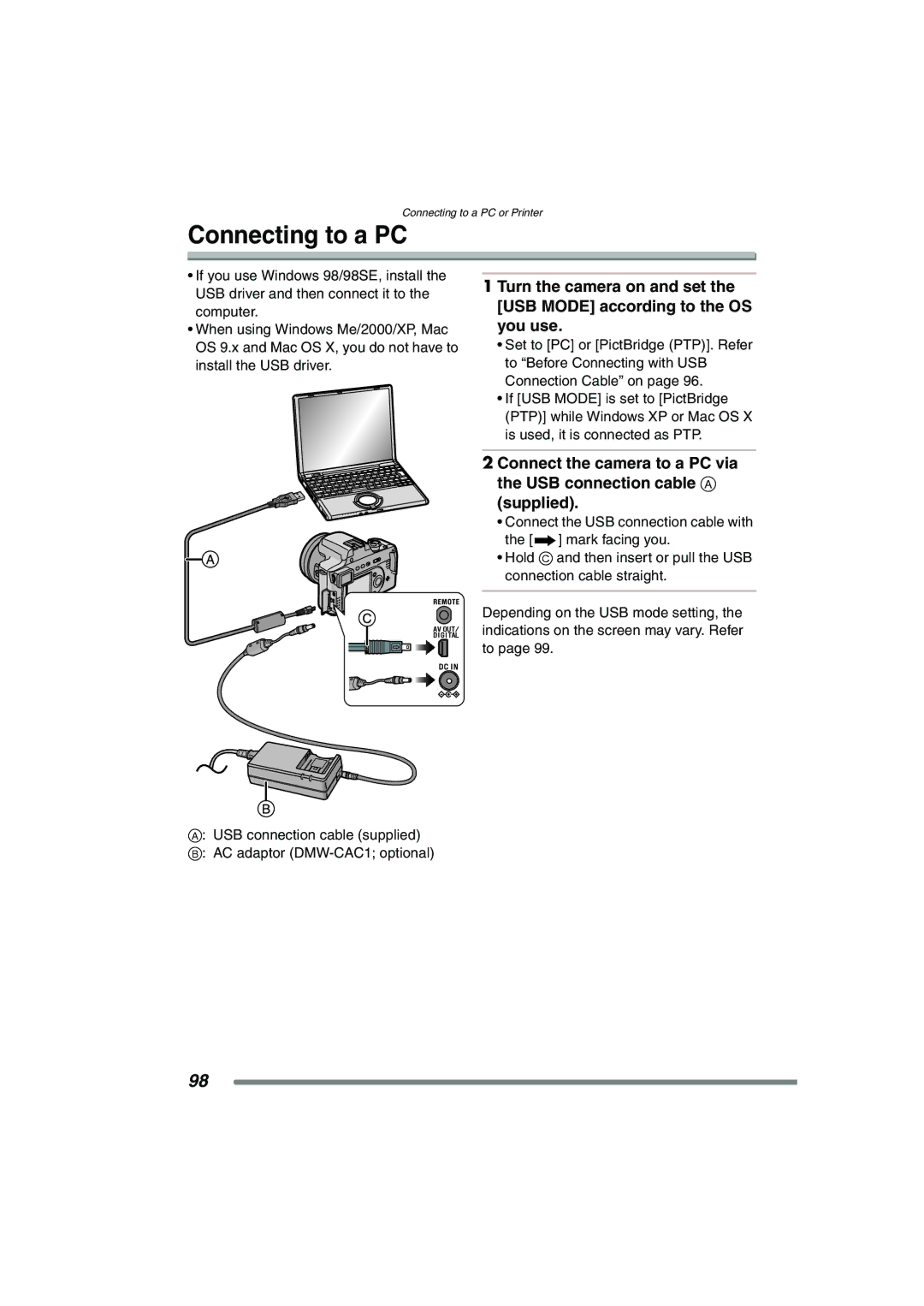 Panasonic DMC-FZ20PP operating instructions Connecting to a PC 