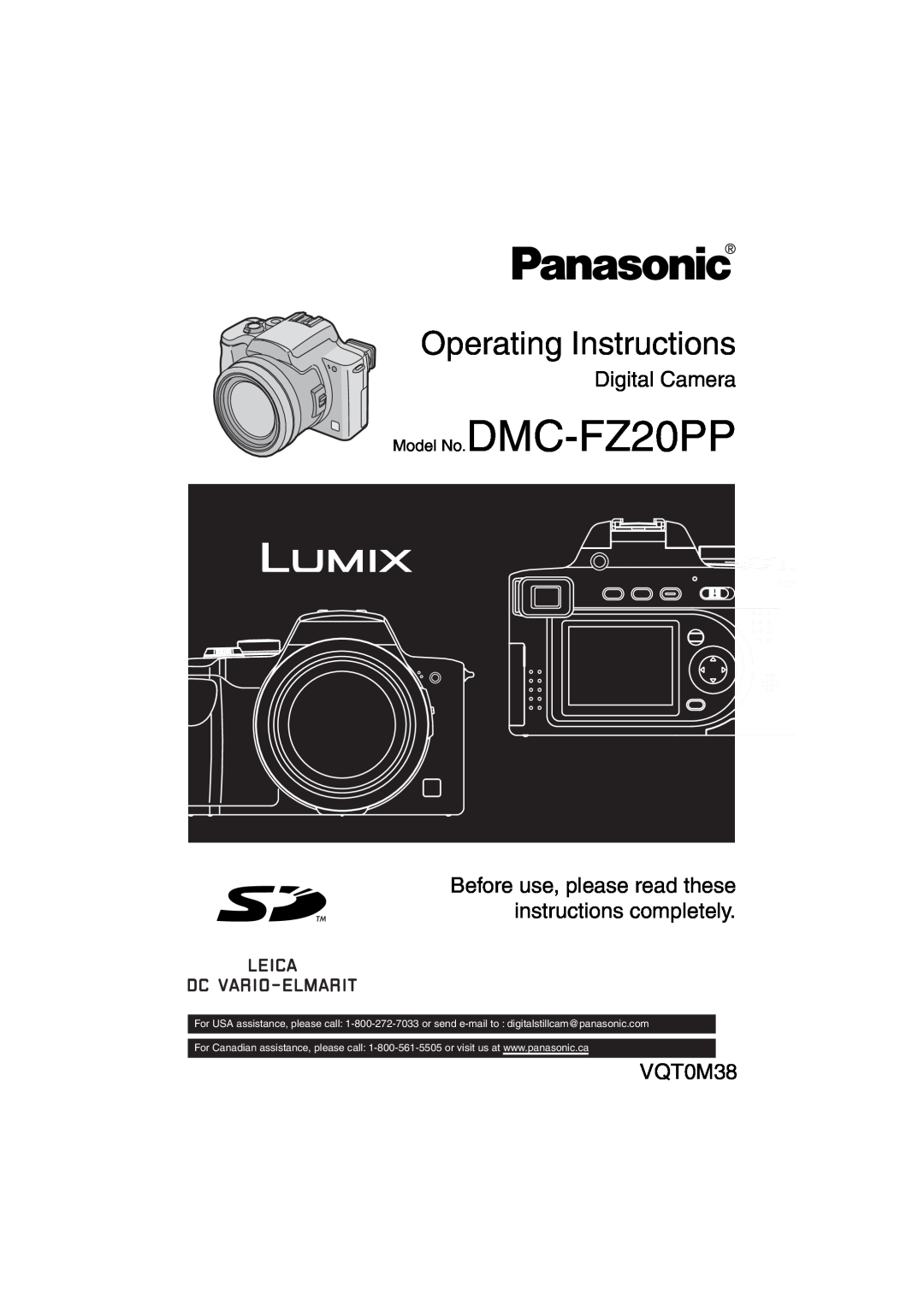 Panasonic operating instructions Model No.DMC-FZ20PP, Operating Instructions, Digital Camera, VQT0M38 
