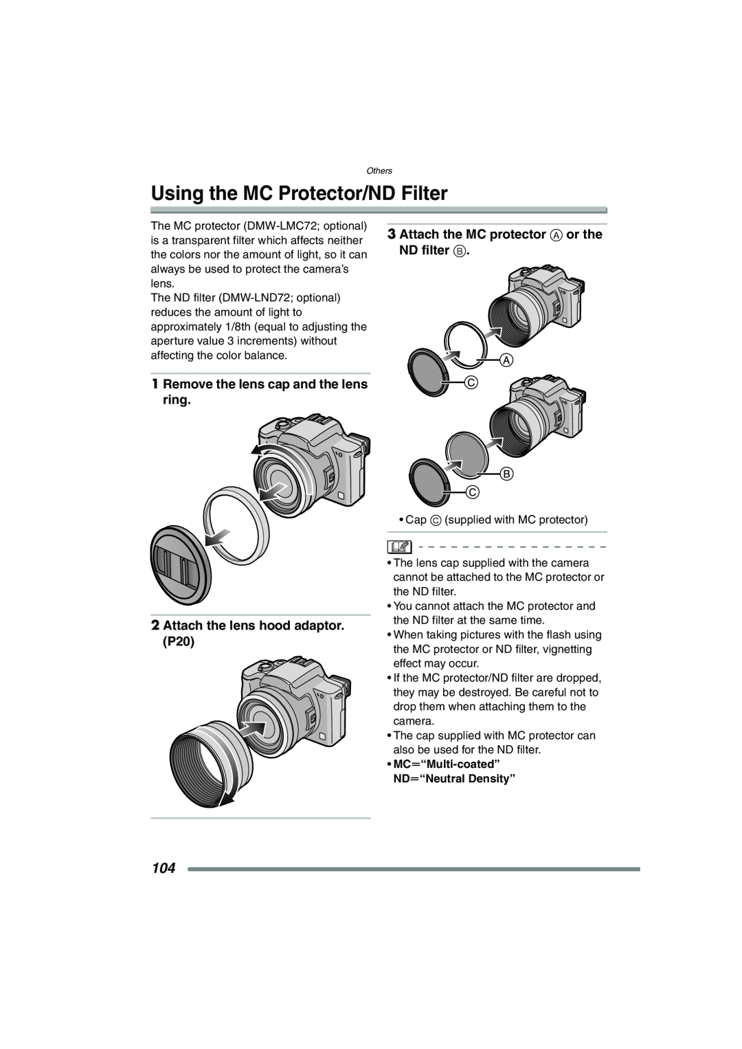 Panasonic DMC-FZ20PP operating instructions Using the MC Protector/ND Filter, Attach the MC protector A or the ND filter B 