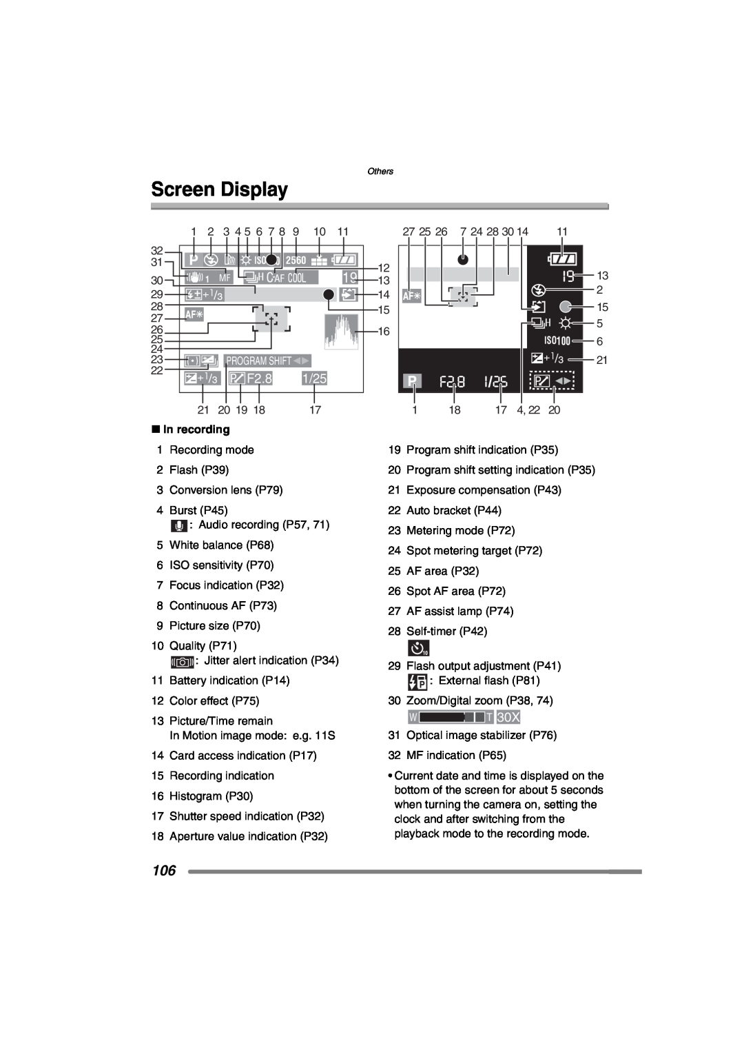 Panasonic DMC-FZ20PP operating instructions Screen Display, F2.8, 1/25, ∫ In recording 