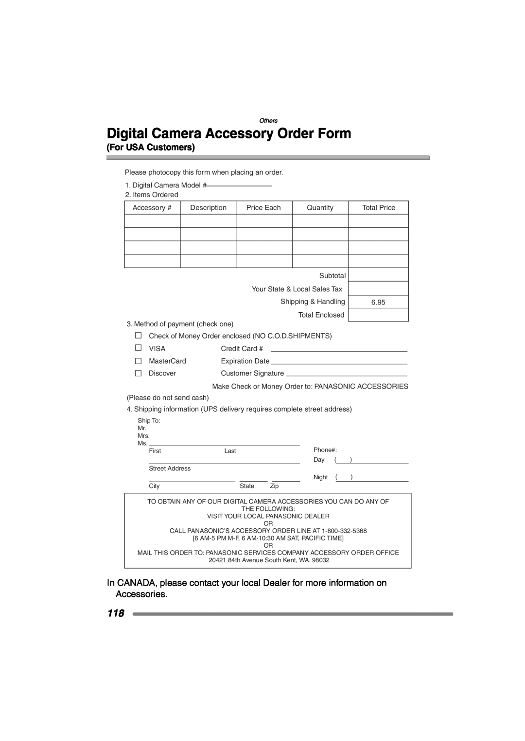Panasonic DMC-FZ20PP operating instructions Digital Camera Accessory Order Form, For USA Customers 