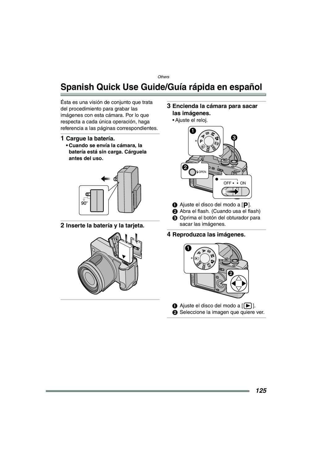 Panasonic DMC-FZ20PP Spanish Quick Use Guide/Guía rápida en español, Cargue la batería, Inserte la batería y la tarjeta 