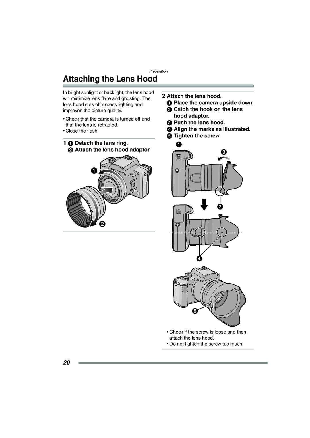 Panasonic DMC-FZ20PP Attaching the Lens Hood, 1 1 Detach the lens ring 2 Attach the lens hood adaptor 