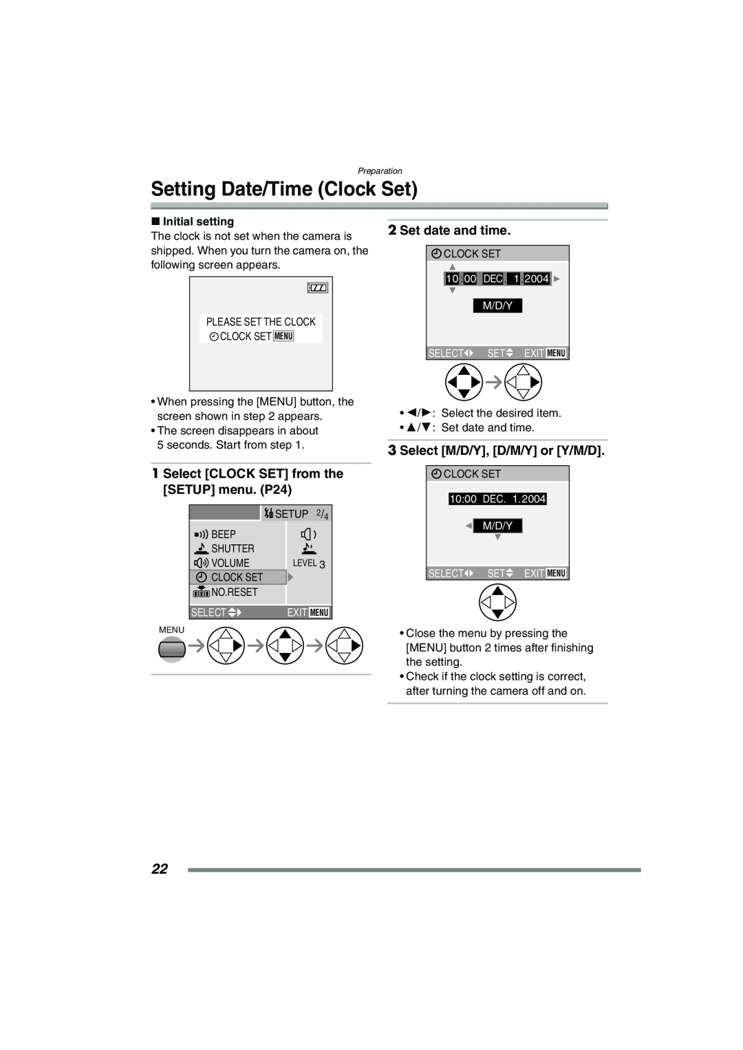 Panasonic DMC-FZ20PP Setting Date/Time Clock Set, Select CLOCK SET from the, SETUP menu. P24, Set date and time 