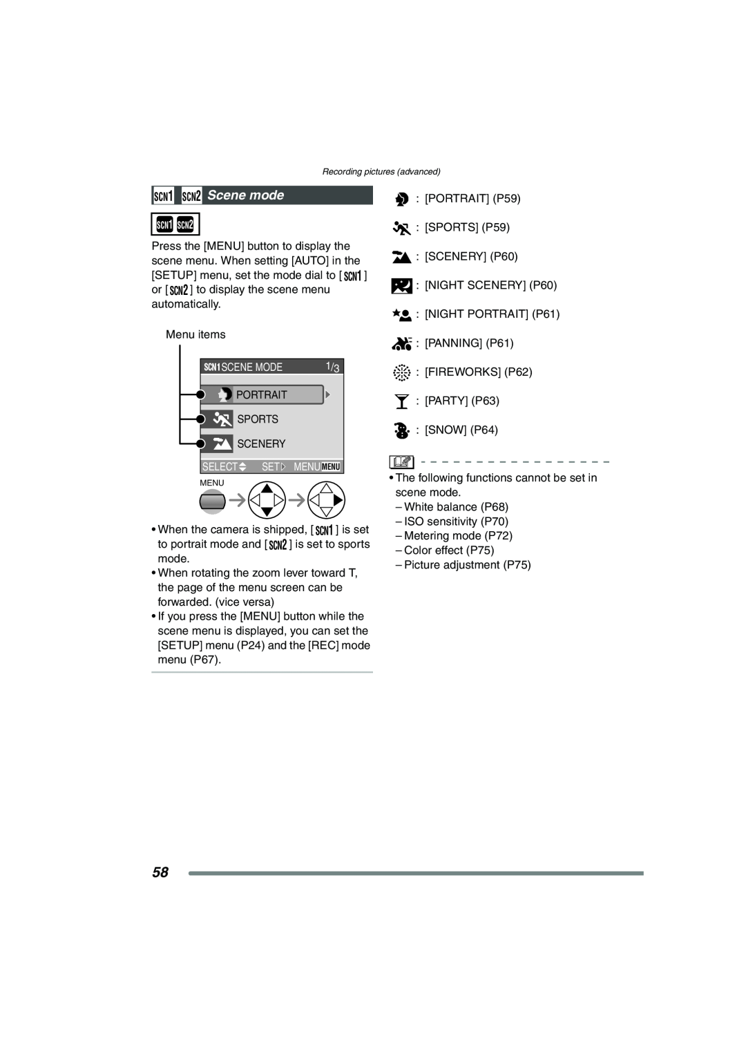 Panasonic DMC-FZ20PP operating instructions SCN1 SCN2 Scene mode 