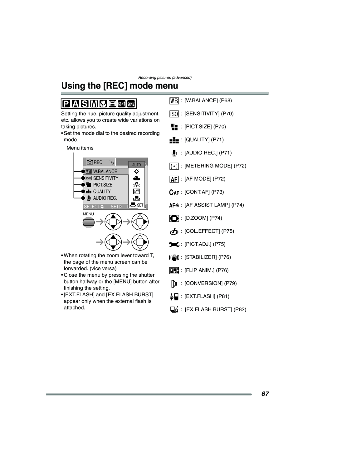 Panasonic DMC-FZ20PP operating instructions Using the REC mode menu 