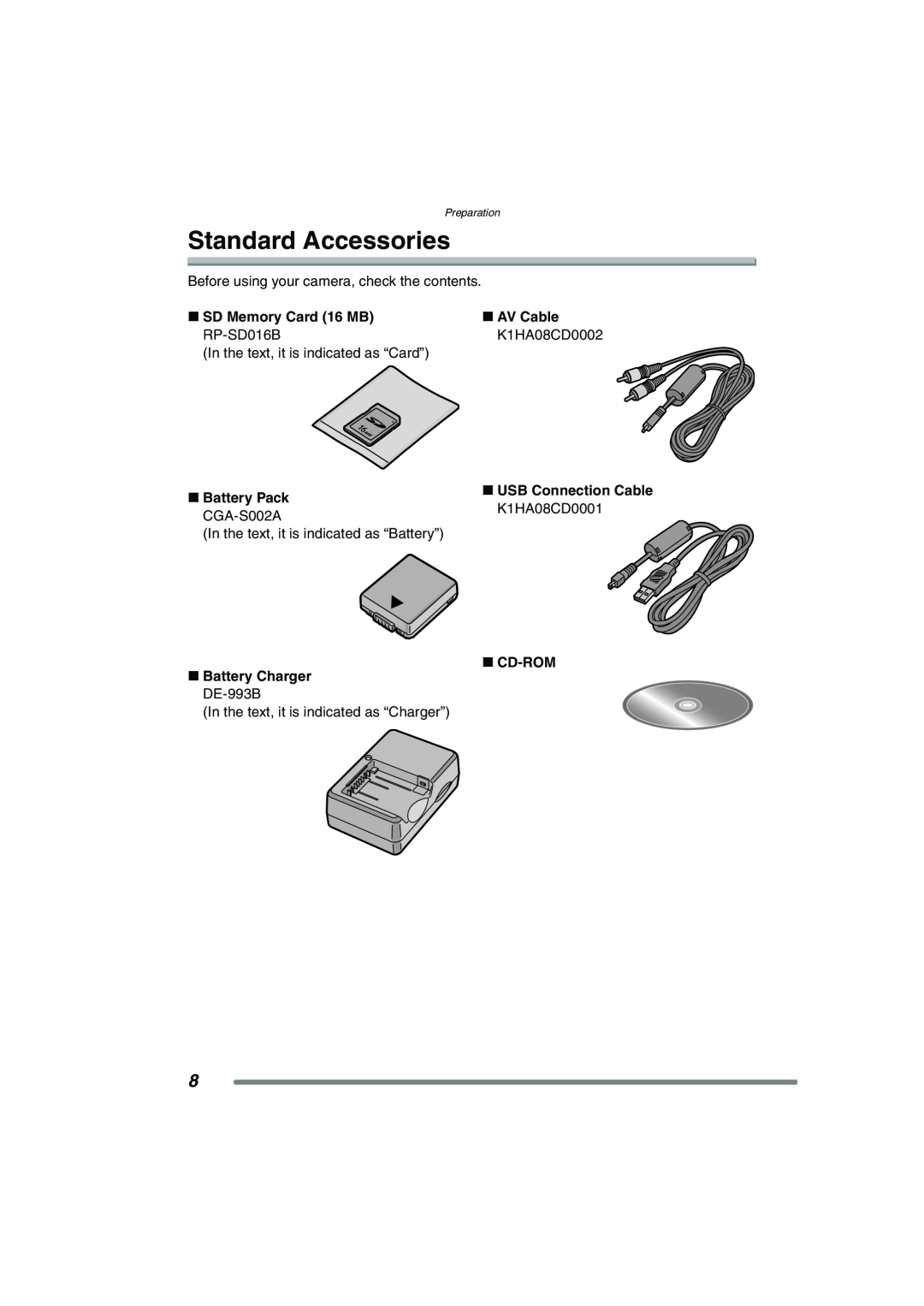 Panasonic DMC-FZ20PP Standard Accessories, ∫ SD Memory Card 16 MB RP-SD016B, ∫ Battery Pack CGA-S002A, Preparation 