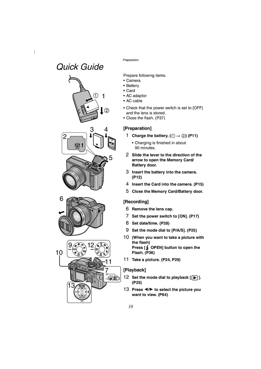 Panasonic DMC-FZ2A operating instructions Quick Guide, Preparation, Charge the battery # 2 P11 