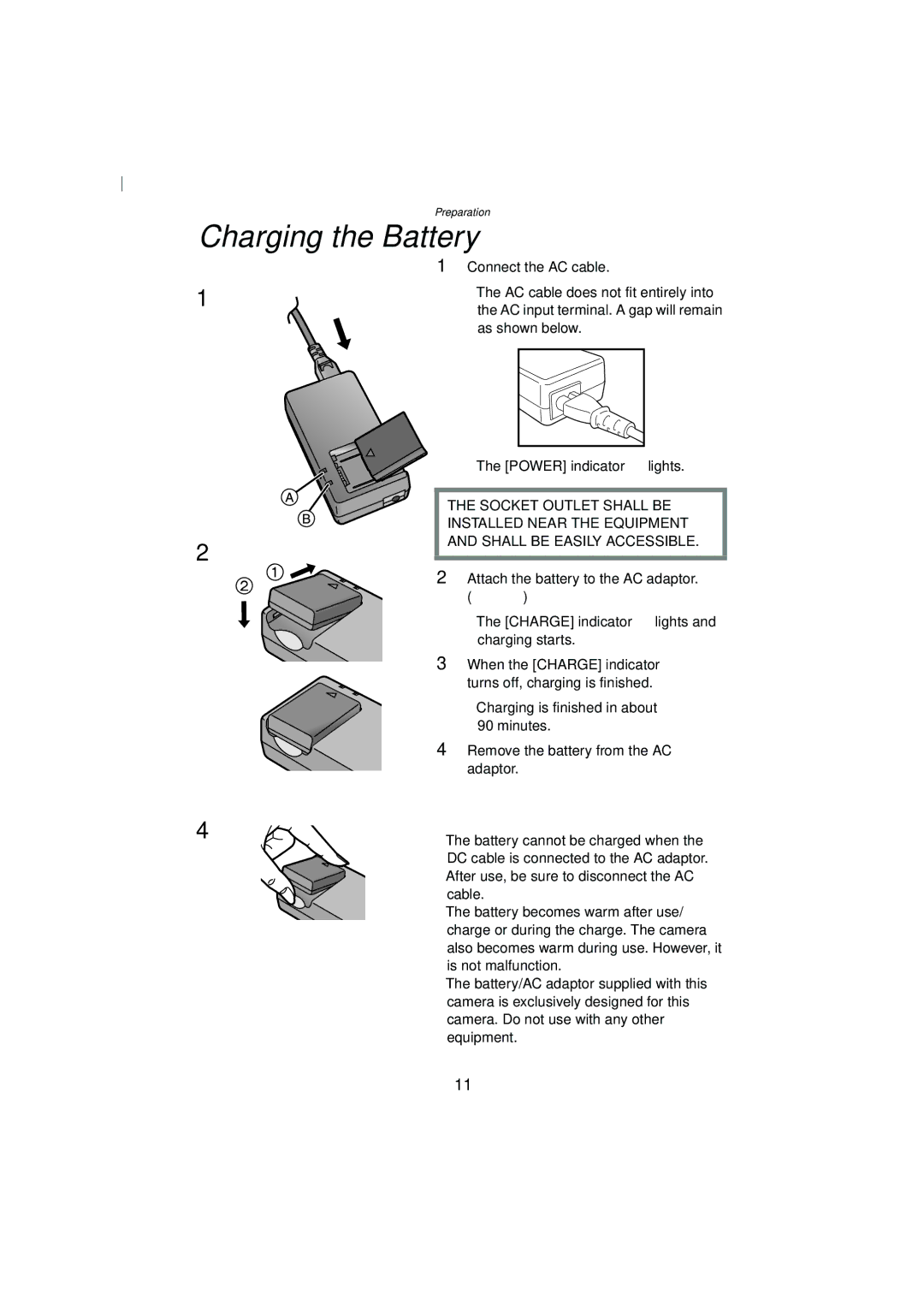 Panasonic DMC-FZ2A Charging the Battery, Connect the AC cable, Attach the battery to the AC adaptor # 