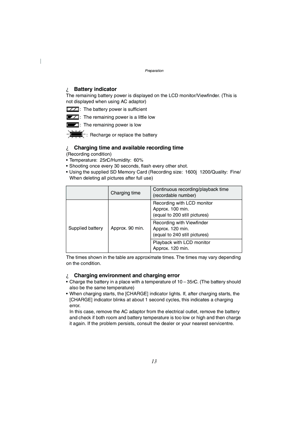 Panasonic DMC-FZ2A Battery indicator, Charging time and available recording time, Charging environment and charging error 