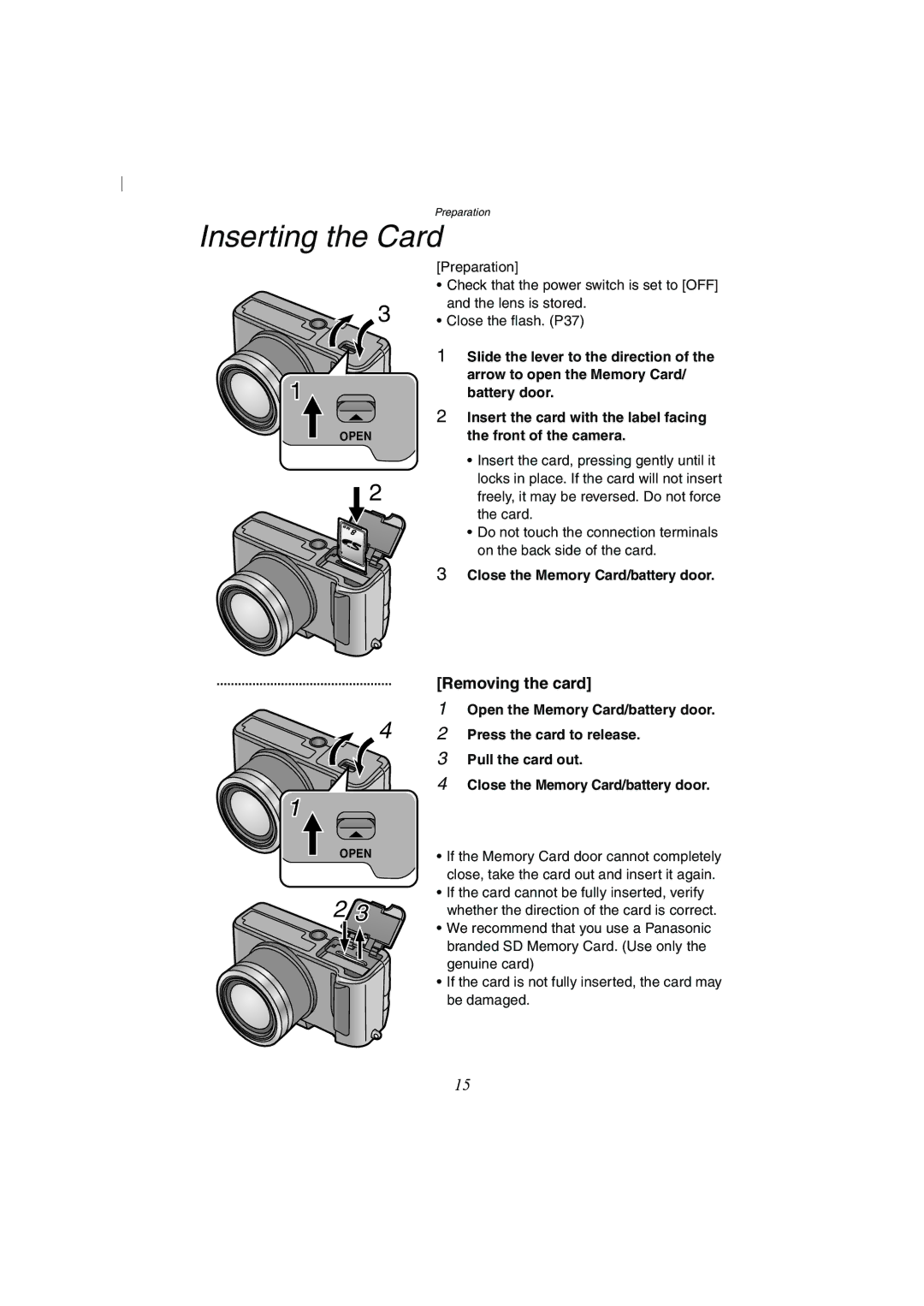 Panasonic DMC-FZ2A operating instructions Inserting the Card, Removing the card, Open the Memory Card/battery door 