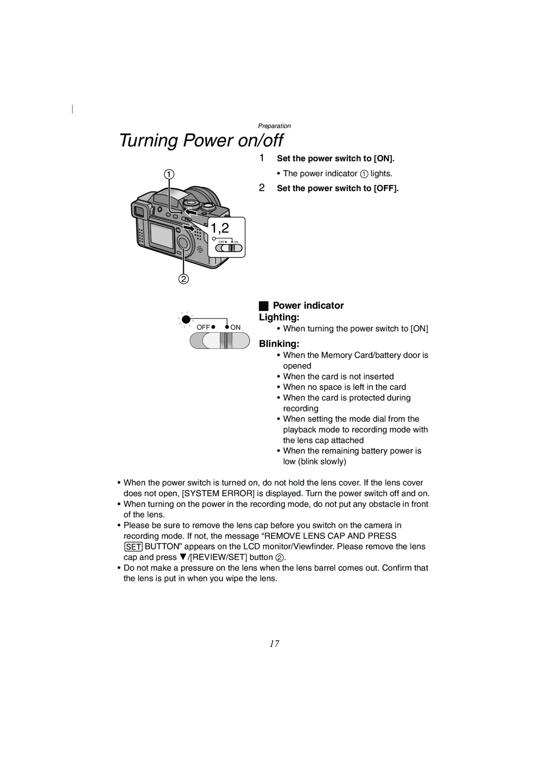 Panasonic DMC-FZ2A Turning Power on/off, Power indicator Lighting, Blinking, Set the power switch to on 