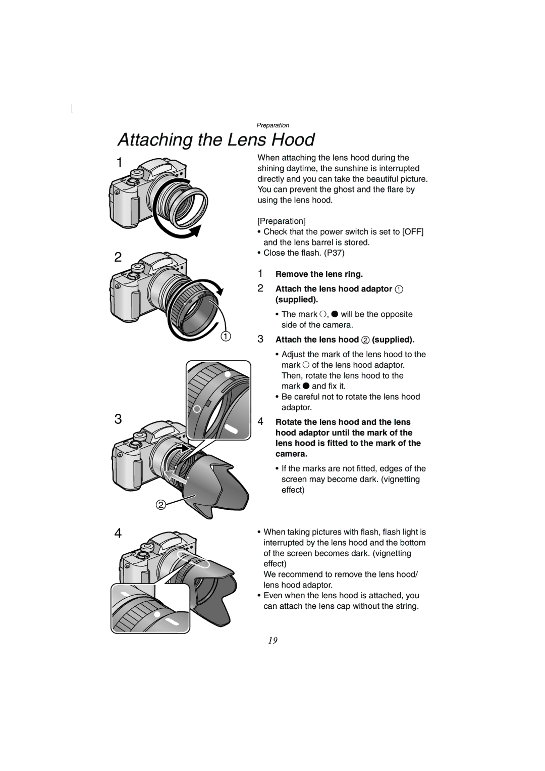 Panasonic DMC-FZ2A Attaching the Lens Hood, Remove the lens ring Attach the lens hood adaptor Supplied 