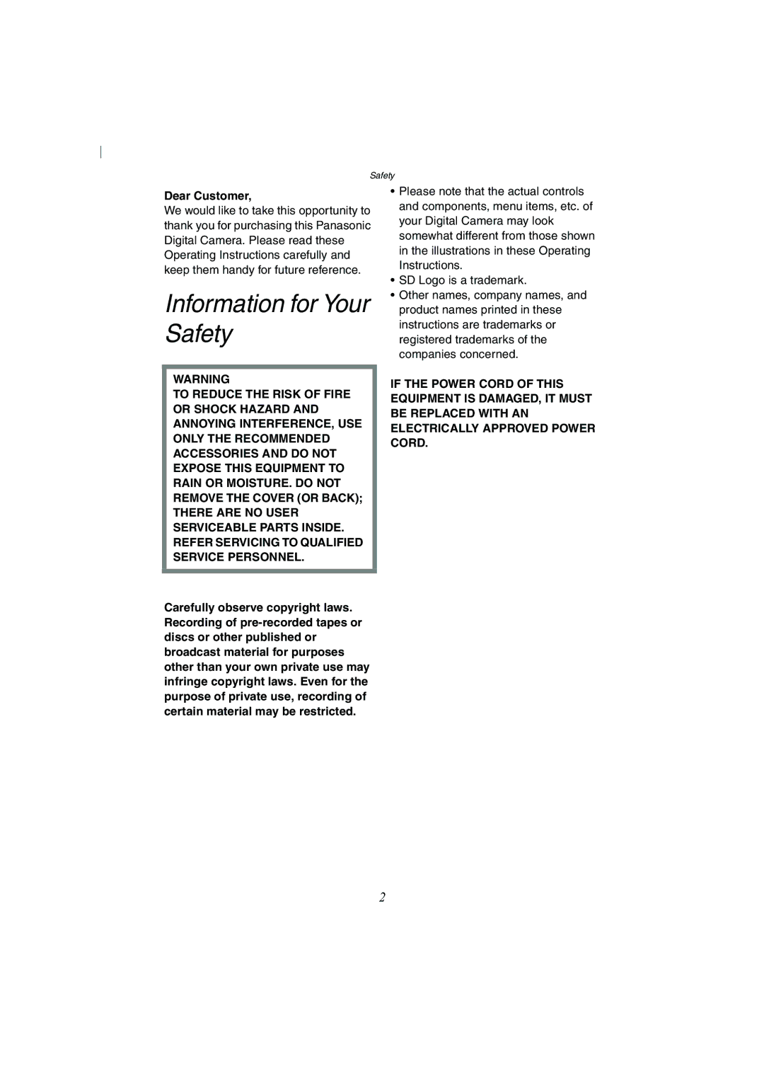 Panasonic DMC-FZ2A operating instructions Information for Your Safety, Dear Customer 