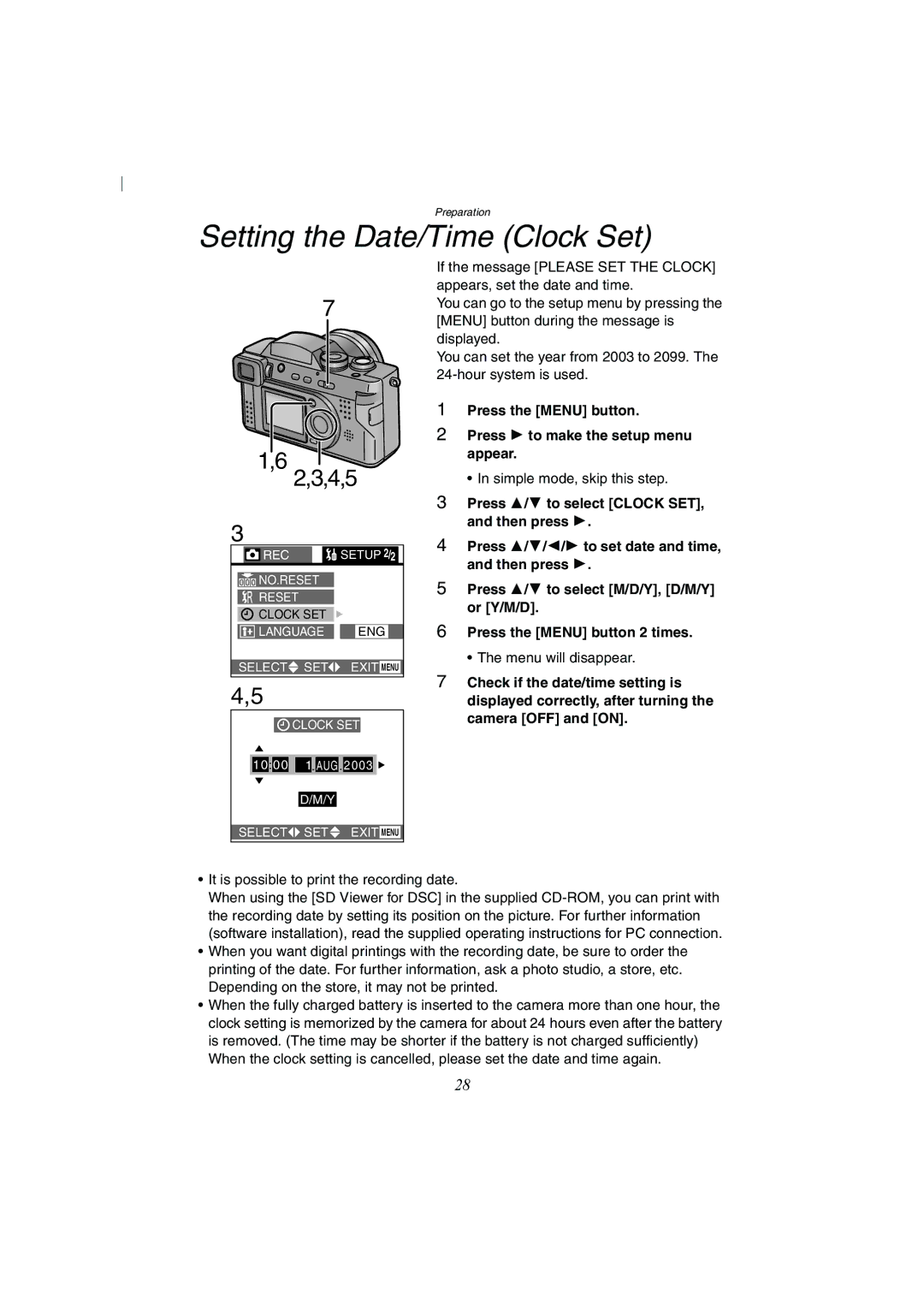 Panasonic DMC-FZ2A Setting the Date/Time Clock Set, Press the Menu button Press 1 to make the setup menu appear 