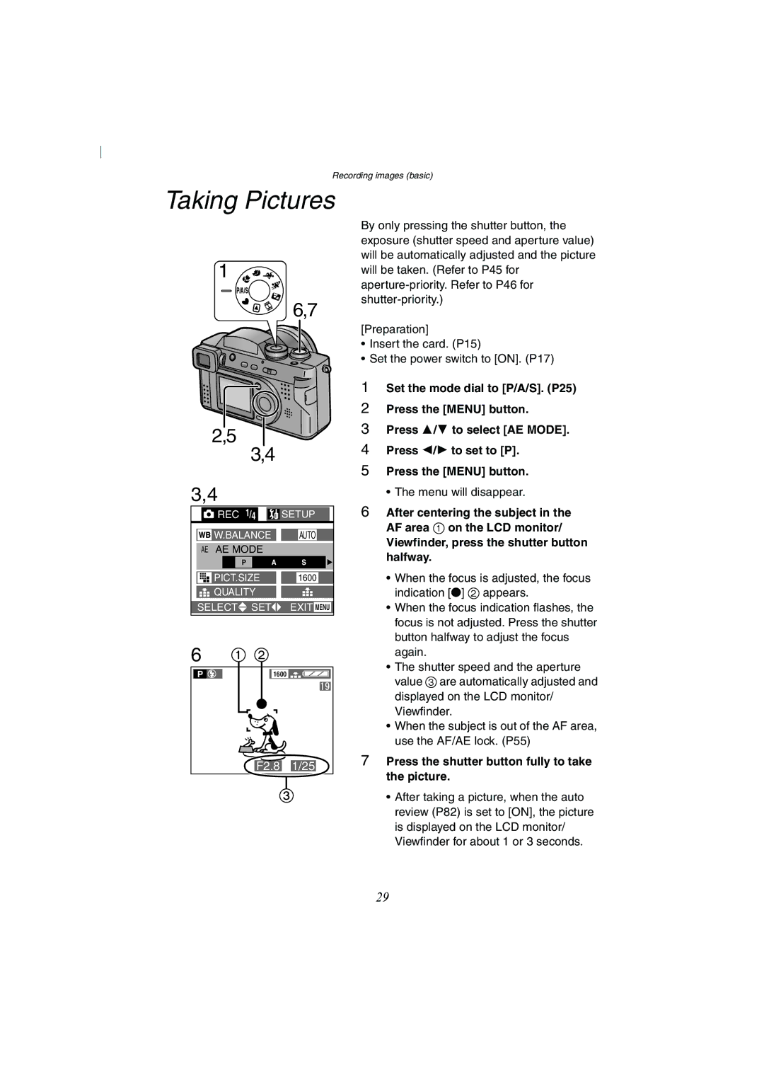 Panasonic DMC-FZ2A operating instructions Taking Pictures, Viewfinder, press the shutter button halfway 