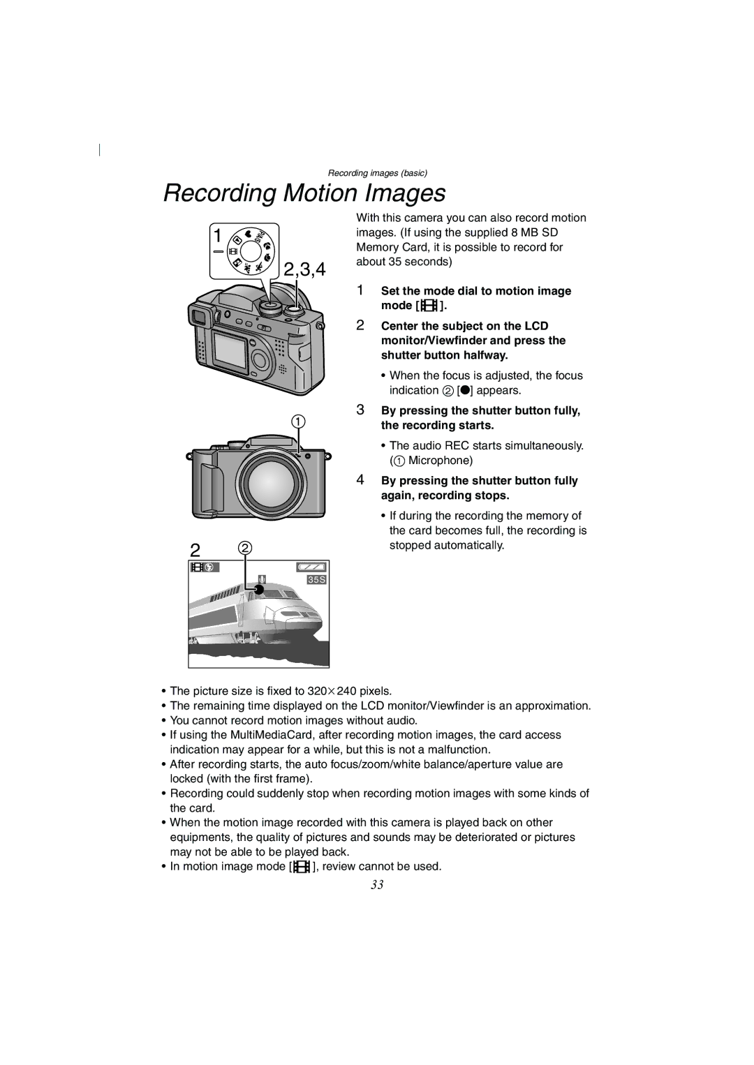 Panasonic DMC-FZ2A operating instructions Recording Motion Images, By pressing the shutter button fully Recording starts 