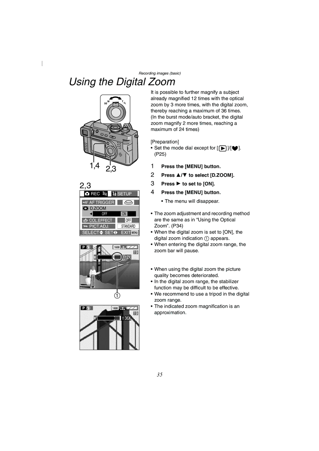 Panasonic DMC-FZ2A operating instructions Using the Digital Zoom 