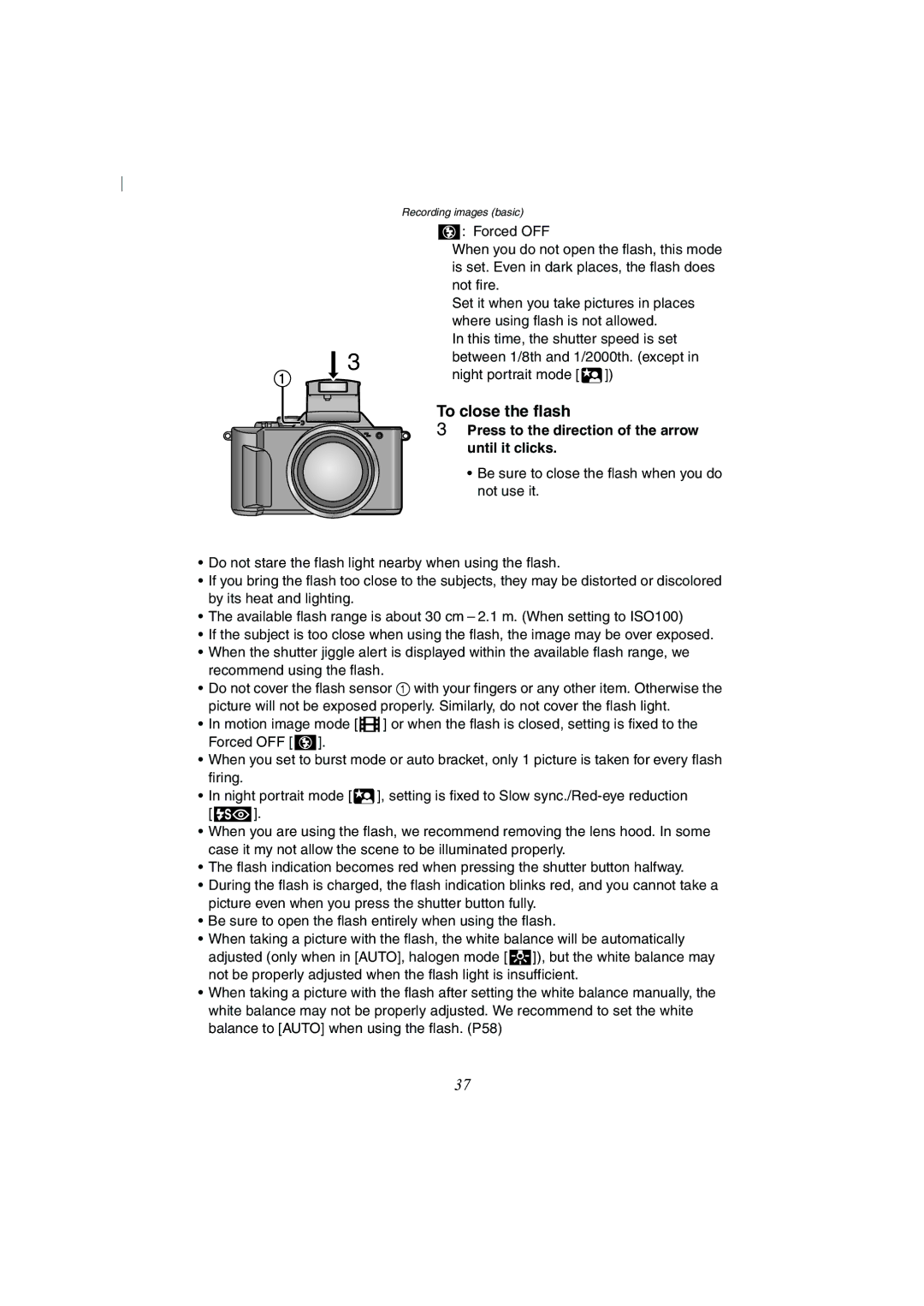 Panasonic DMC-FZ2A operating instructions To close the flash, Press to the direction of the arrow until it clicks 