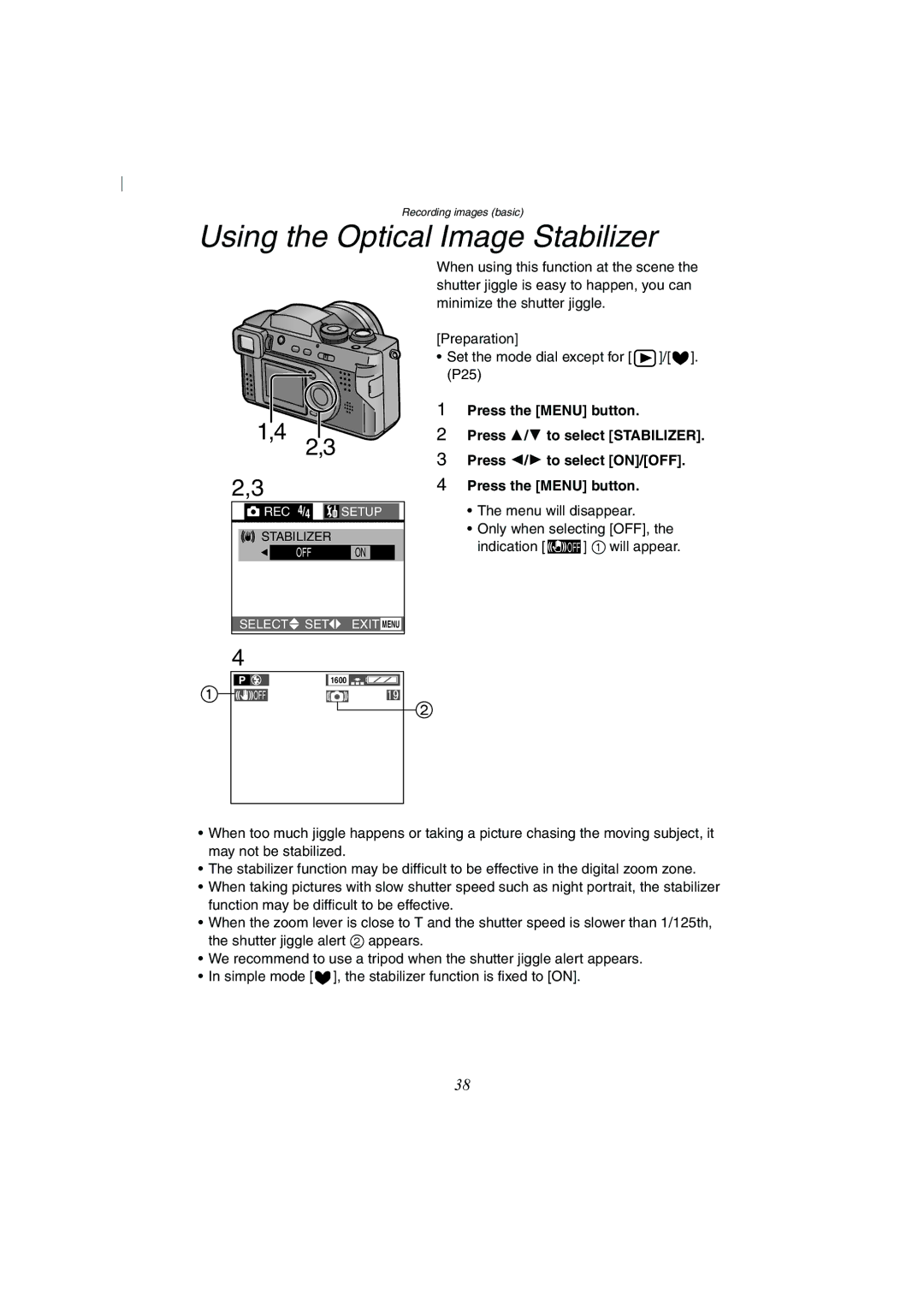 Panasonic DMC-FZ2A operating instructions Using the Optical Image Stabilizer, Press 2/1 to select ON/OFF 