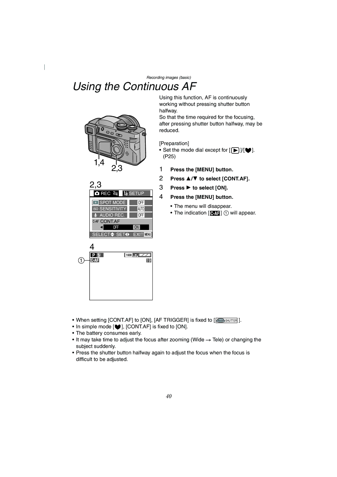 Panasonic DMC-FZ2A operating instructions Using the Continuous AF 