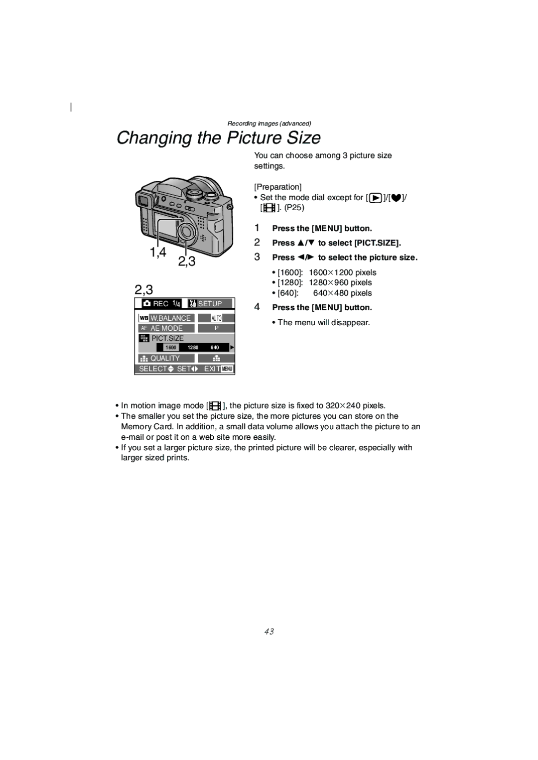 Panasonic DMC-FZ2A operating instructions Changing the Picture Size, Press the Menu button 