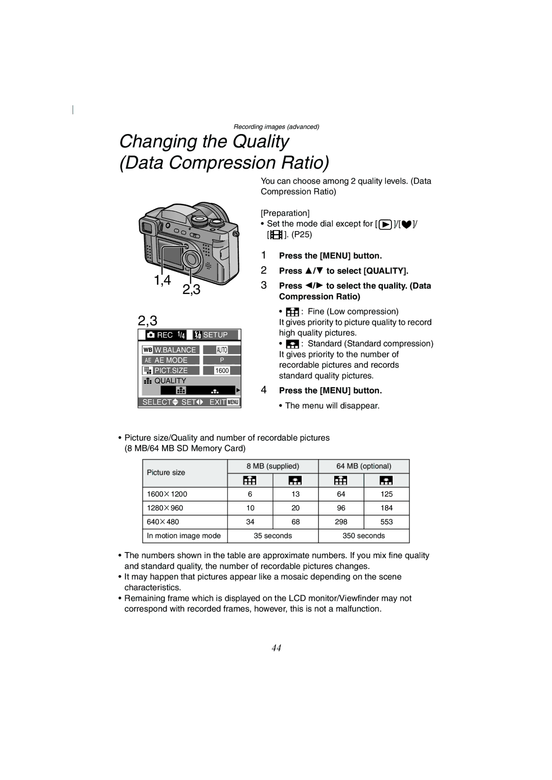 Panasonic DMC-FZ2A operating instructions Changing the Quality Data Compression Ratio 