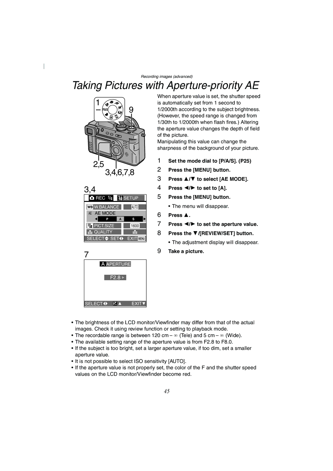 Panasonic DMC-FZ2A operating instructions Taking Pictures with Aperture-priority AE, 6,7,8 