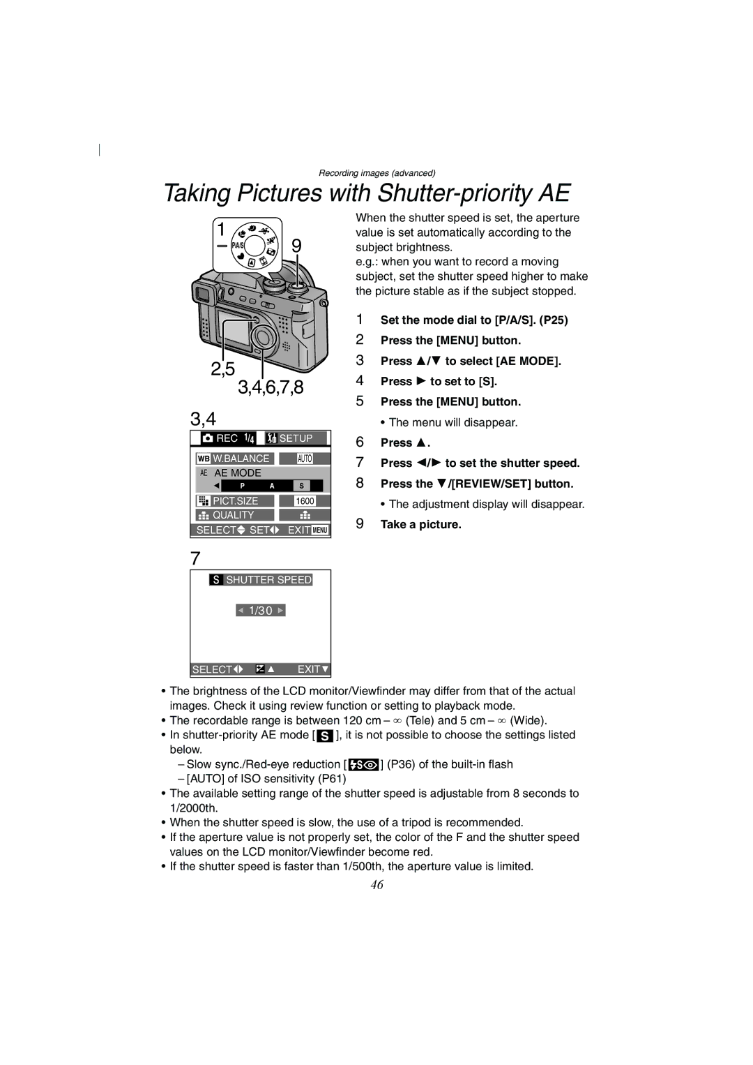 Panasonic DMC-FZ2A operating instructions Taking Pictures with Shutter-priority AE 