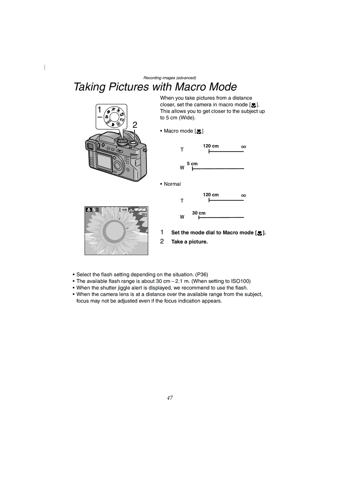 Panasonic DMC-FZ2A operating instructions Taking Pictures with Macro Mode, Set the mode dial to Macro mode Take a picture 