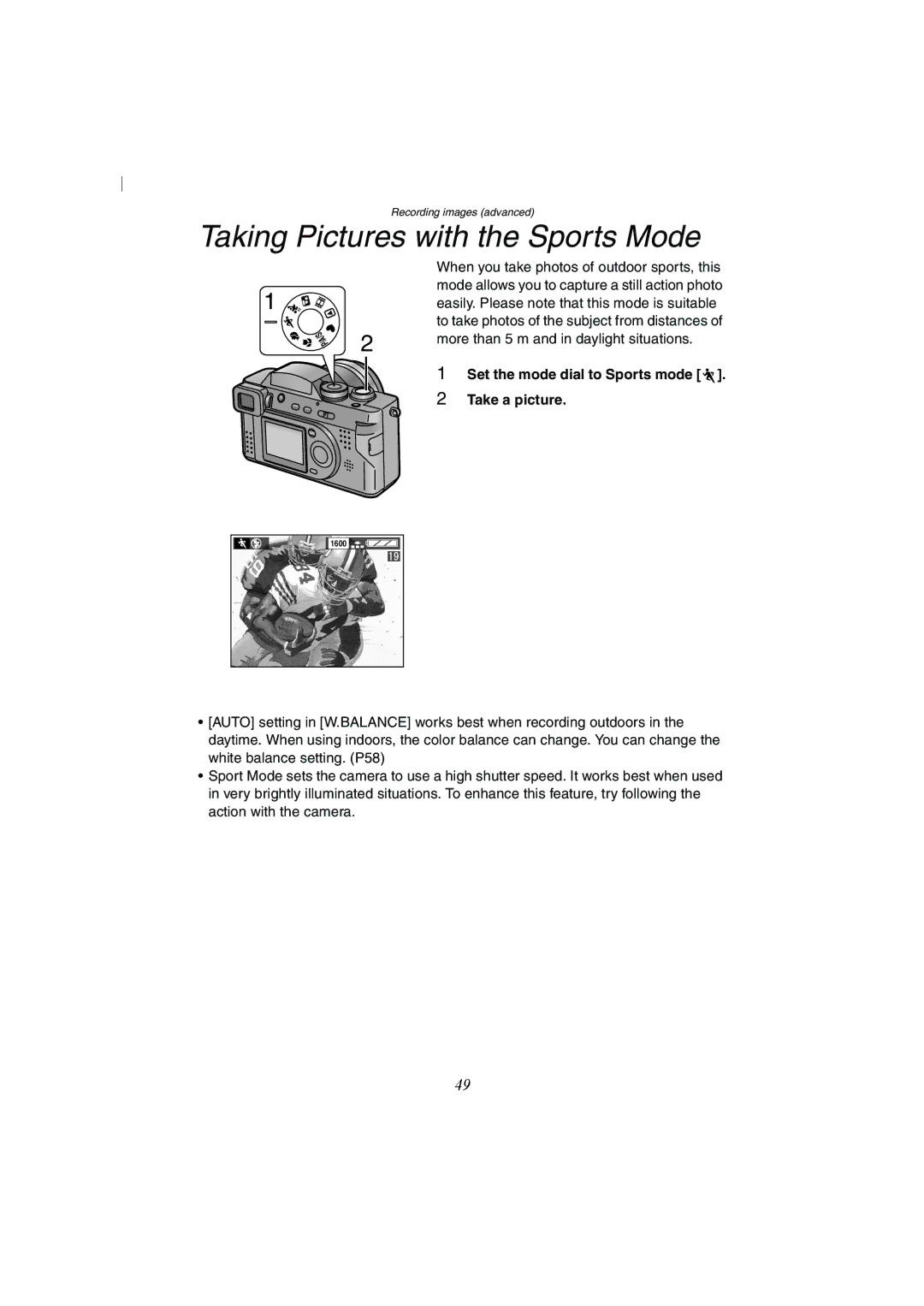 Panasonic DMC-FZ2A operating instructions Taking Pictures with the Sports Mode 