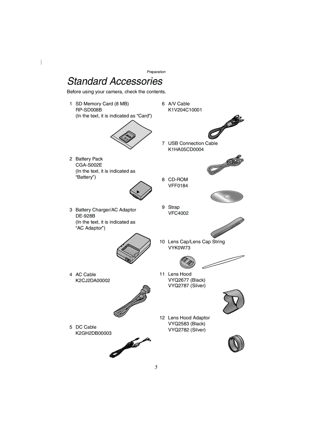 Panasonic DMC-FZ2A operating instructions Standard Accessories 