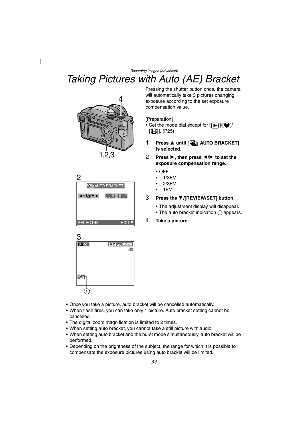 Panasonic DMC-FZ2A operating instructions Taking Pictures with Auto AE Bracket 