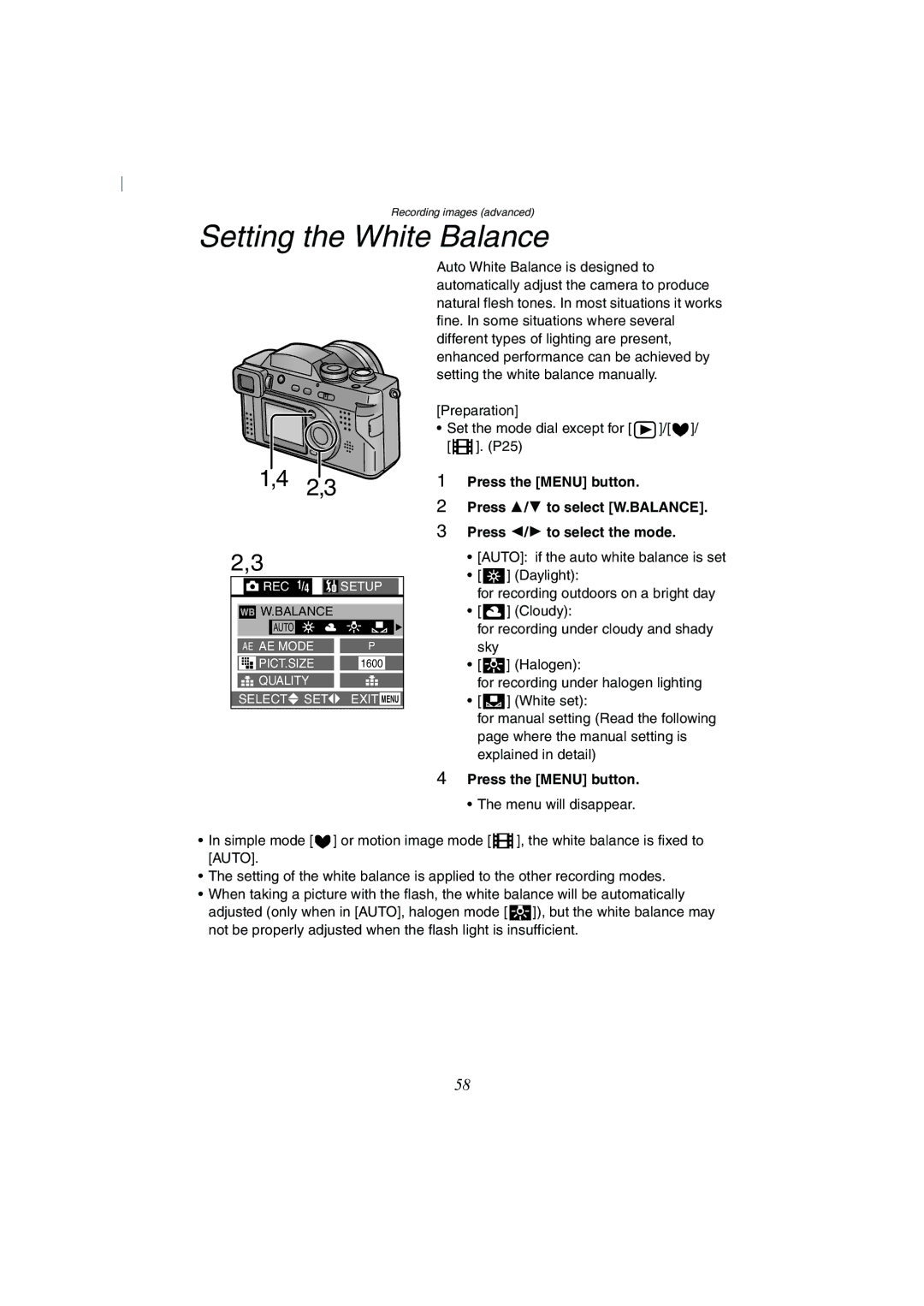 Panasonic DMC-FZ2A operating instructions Setting the White Balance 