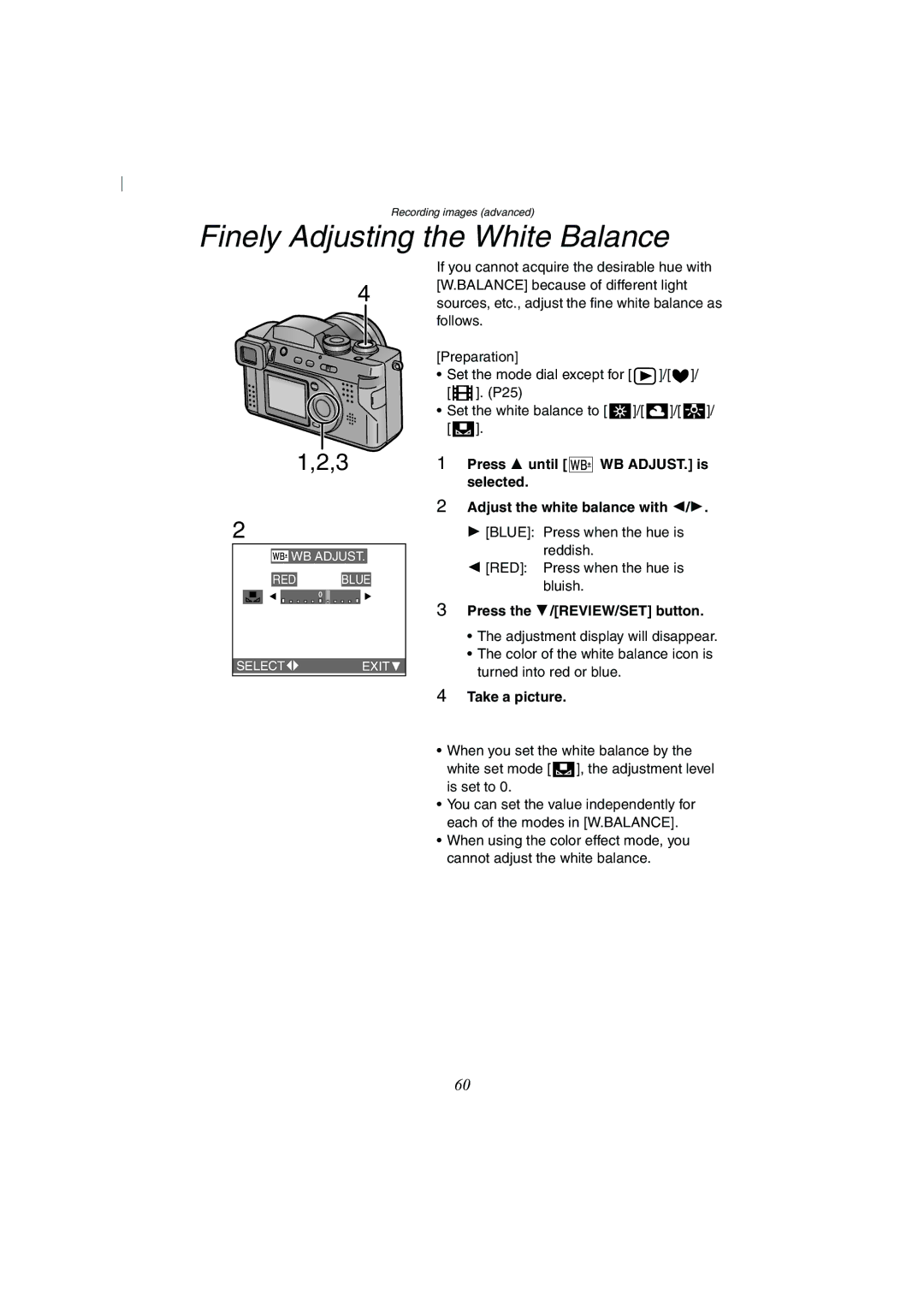 Panasonic DMC-FZ2A operating instructions Finely Adjusting the White Balance, Press the 4/REVIEW/SET button 