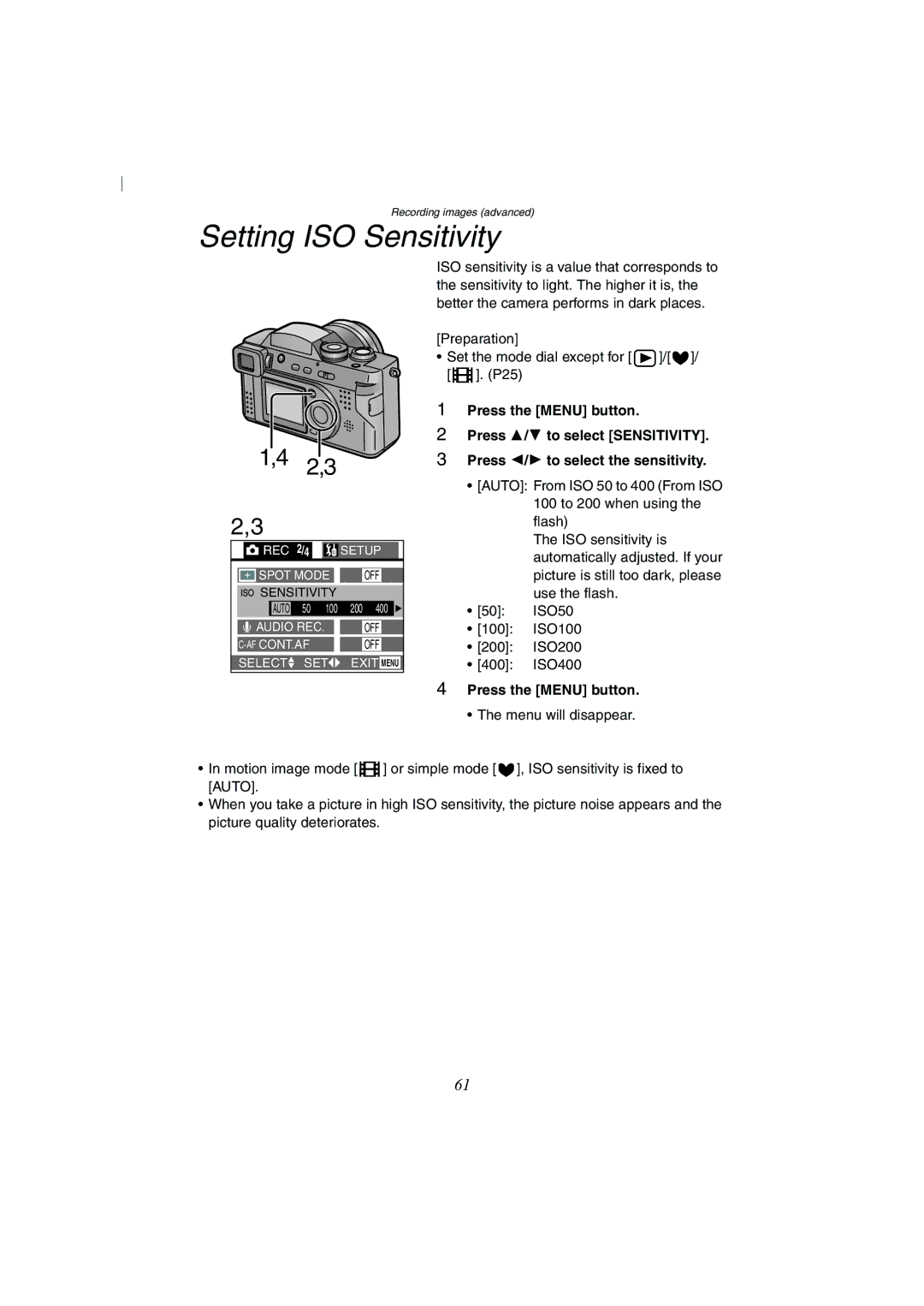 Panasonic DMC-FZ2A operating instructions Setting ISO Sensitivity 