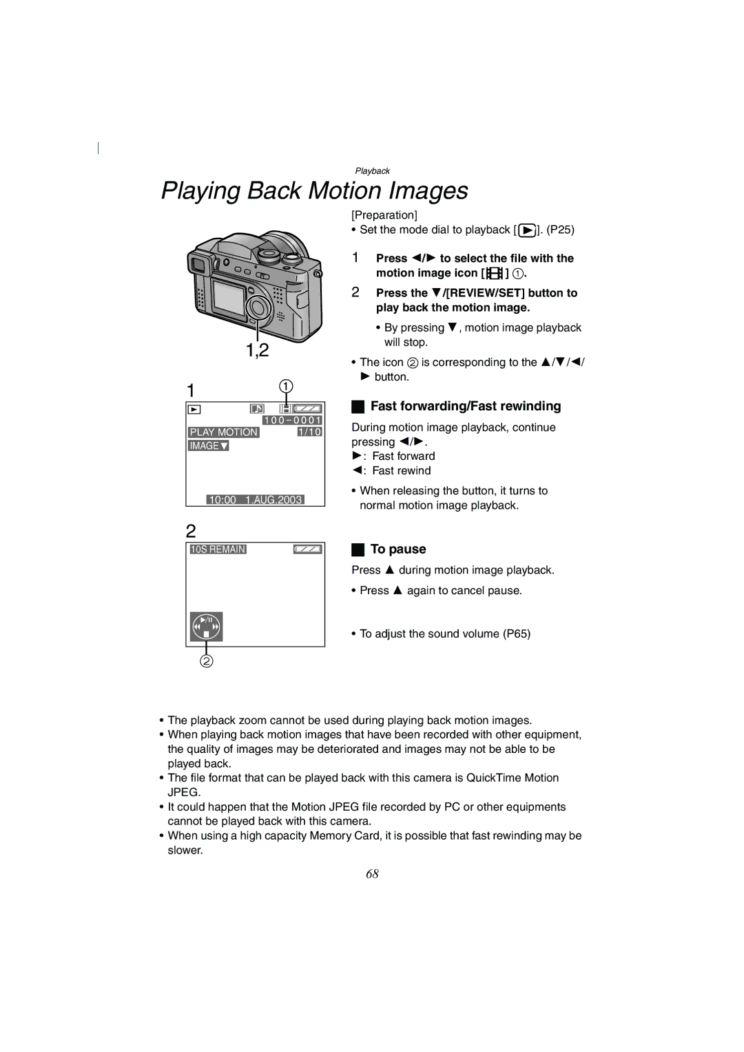 Panasonic DMC-FZ2A operating instructions Playing Back Motion Images, To pause 